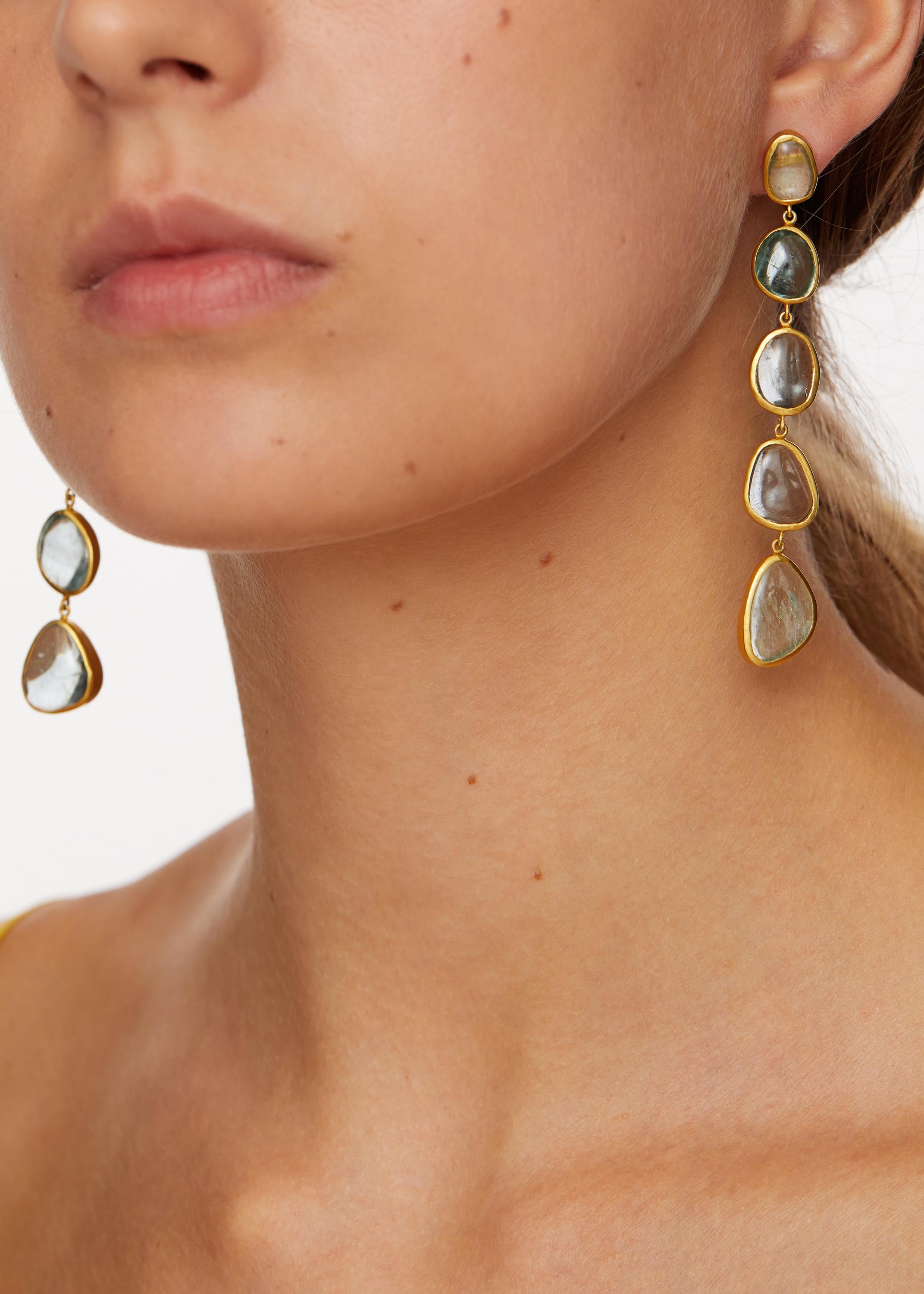 Tumbled 18kt Gold Aquamarine Long Five Drop Stud Earrings For Sale