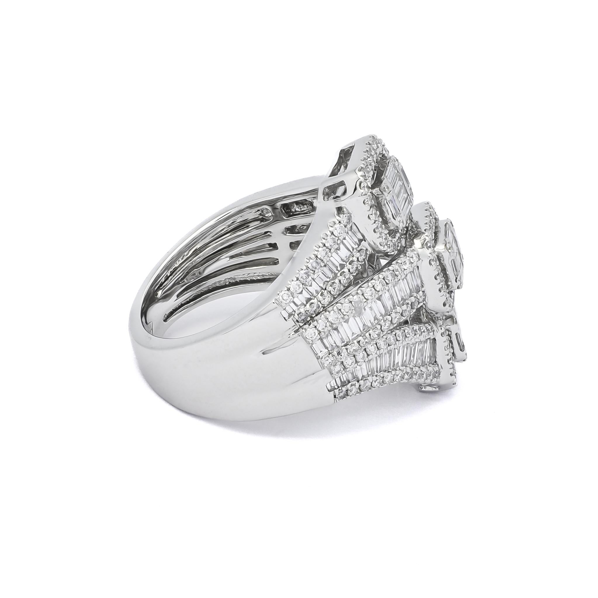 Baguette Cut Natural Diamond 1.8 carats 18KT White Gold Cocktail Ring For Sale