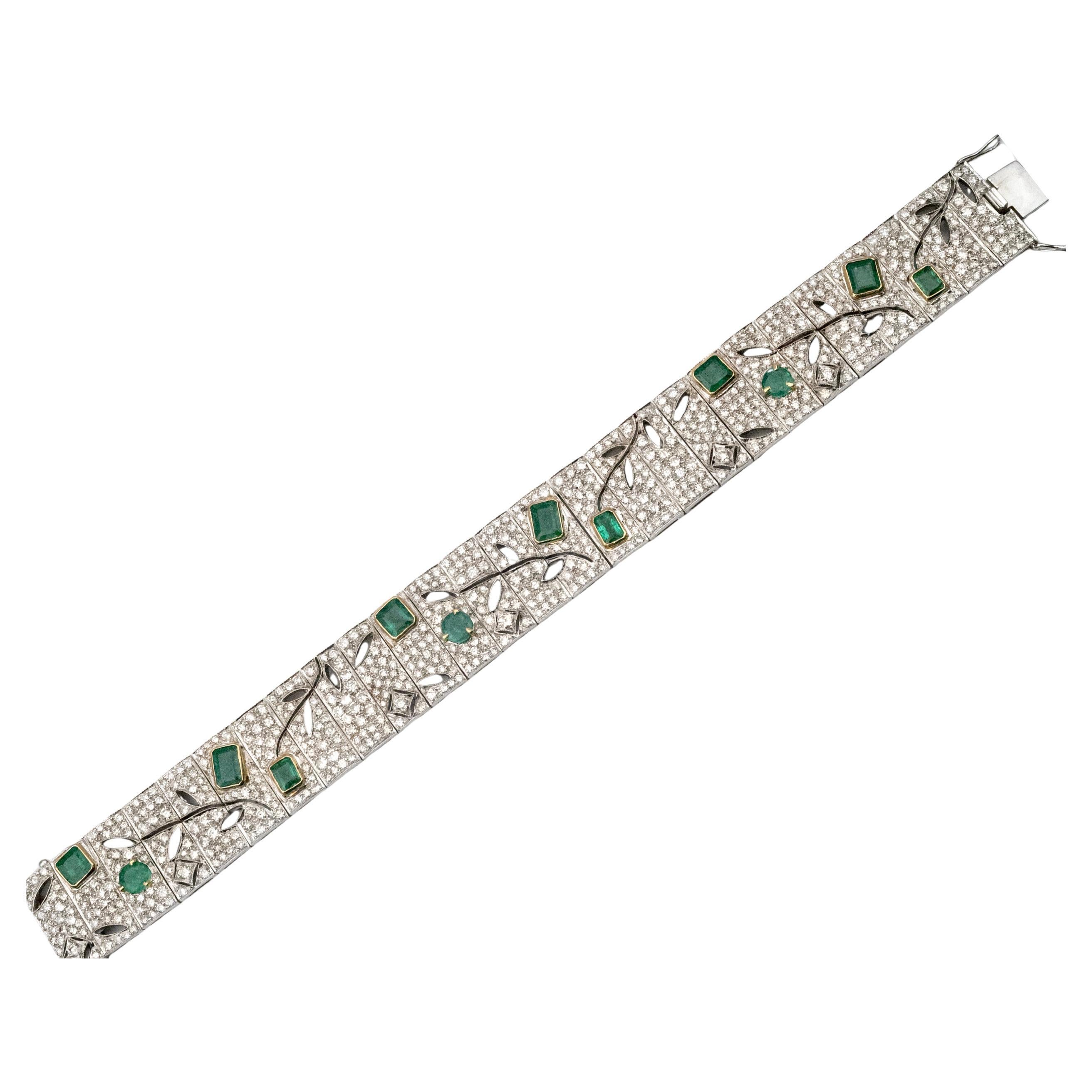 18KT Gold Art Deco Diamond and Emerald Bracelet with Vine Motif