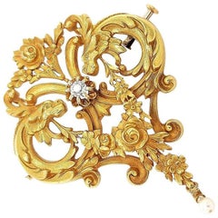 18kt Gold Art Nouveau Brooch/Pendant Beautiful Old Mine Diamond & Natural Pearl