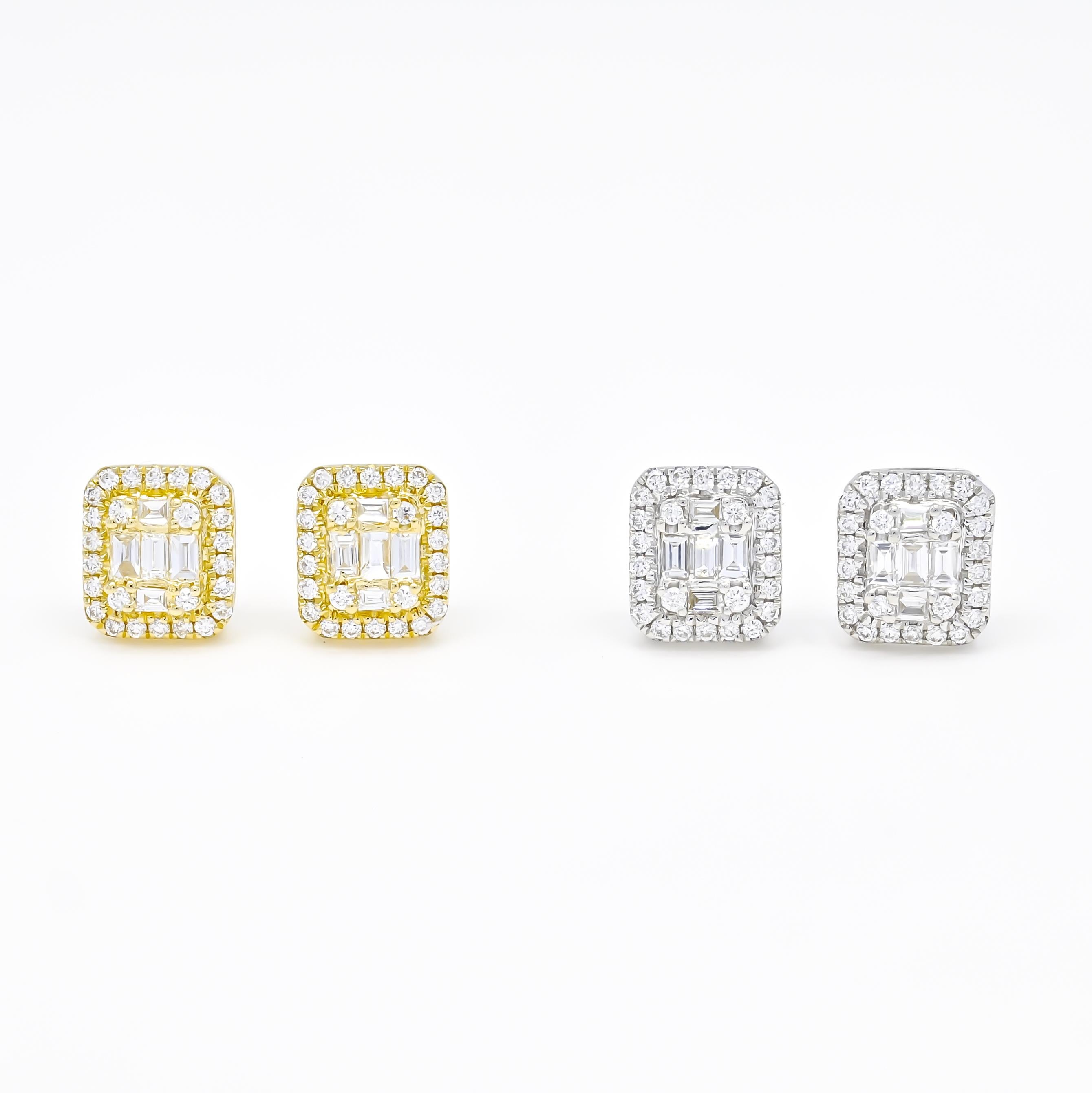 Baguette Cut 18KT Gold Baguette Diamonds Halo Cluster Emerald Illusion Stud Earrings E56027A For Sale