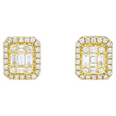 18KT Gold Baguette Diamonds Halo Cluster Emerald Illusion Stud Earrings E56027A