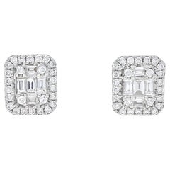 18KT Gold Baguette Diamonds Halo Cluster Emerald Illusion Stud Earrings E56027A