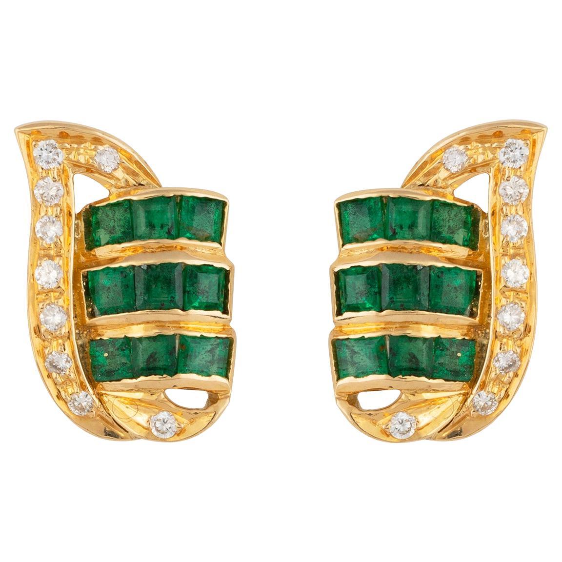 18kt Gold Baguette Emerald & Diamond Stud Earrings