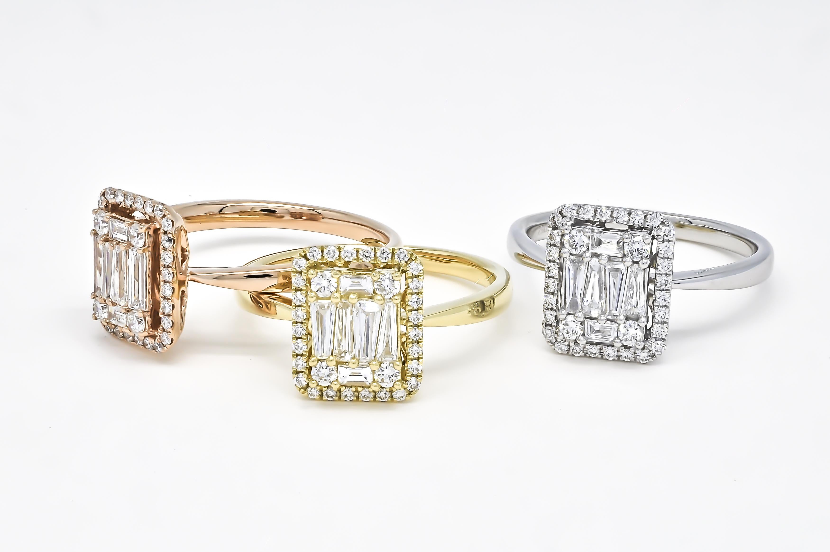 Art Nouveau 18KT Gold Baguette Halo Cluster Natural Diamonds Engagement Ring R065979 WG For Sale
