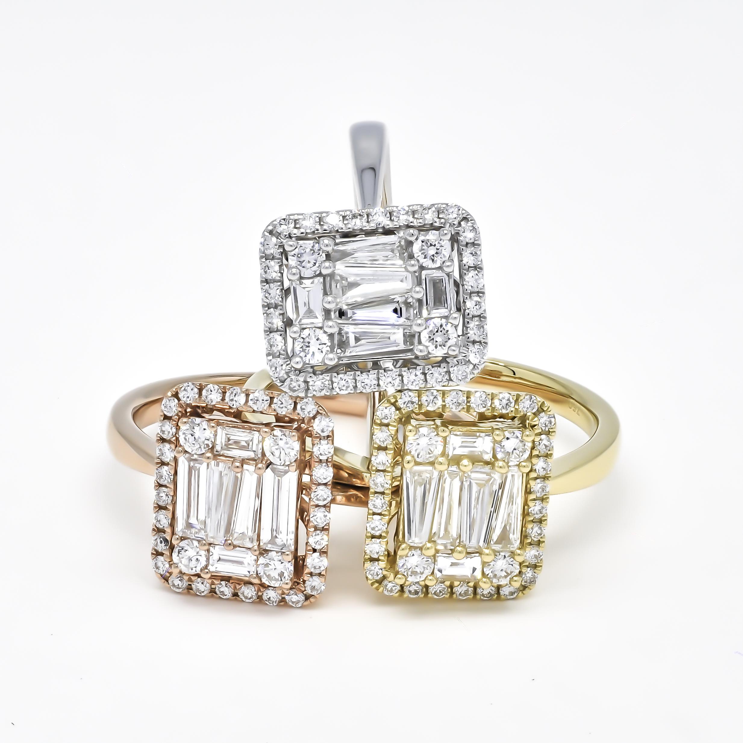 Baguette Cut 18KT Gold Baguette Halo Cluster Natural Diamonds Engagement Ring R065979 WG For Sale
