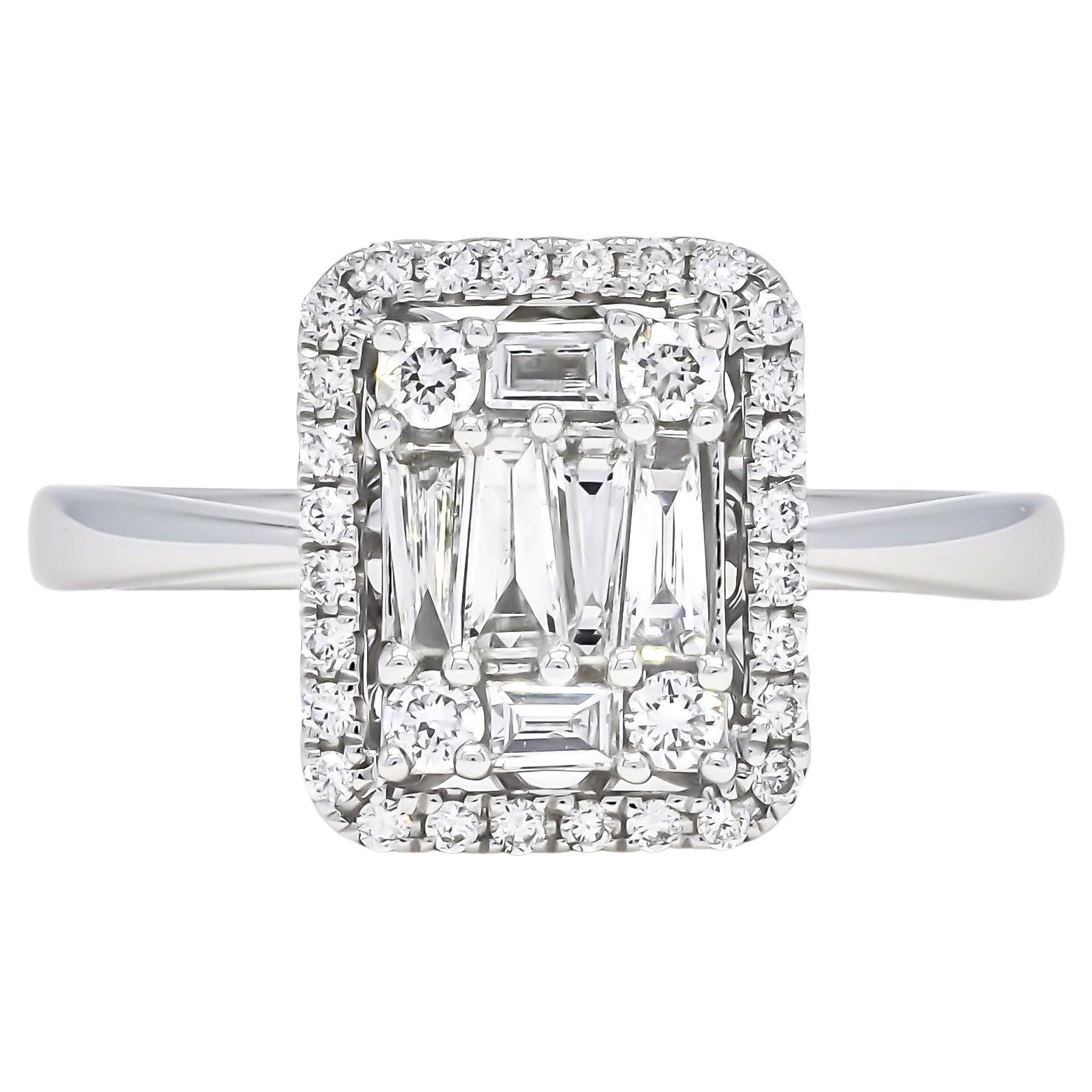 18KT Gold Baguette Halo Cluster Natural Diamonds Engagement Ring R065979 WG For Sale