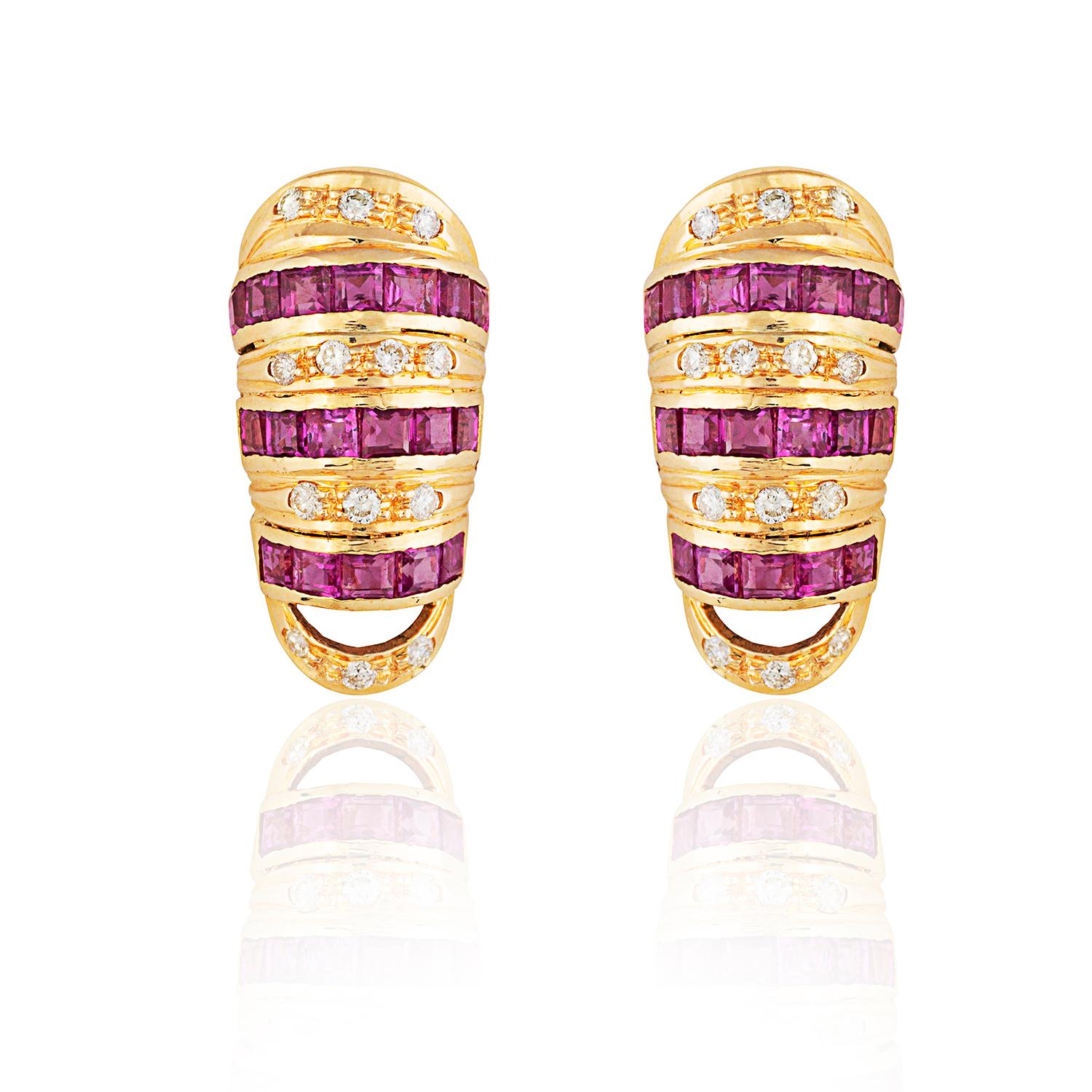 Brilliant Cut 18kt Gold Baguette Ruby & Diamond Stud Earrings For Sale