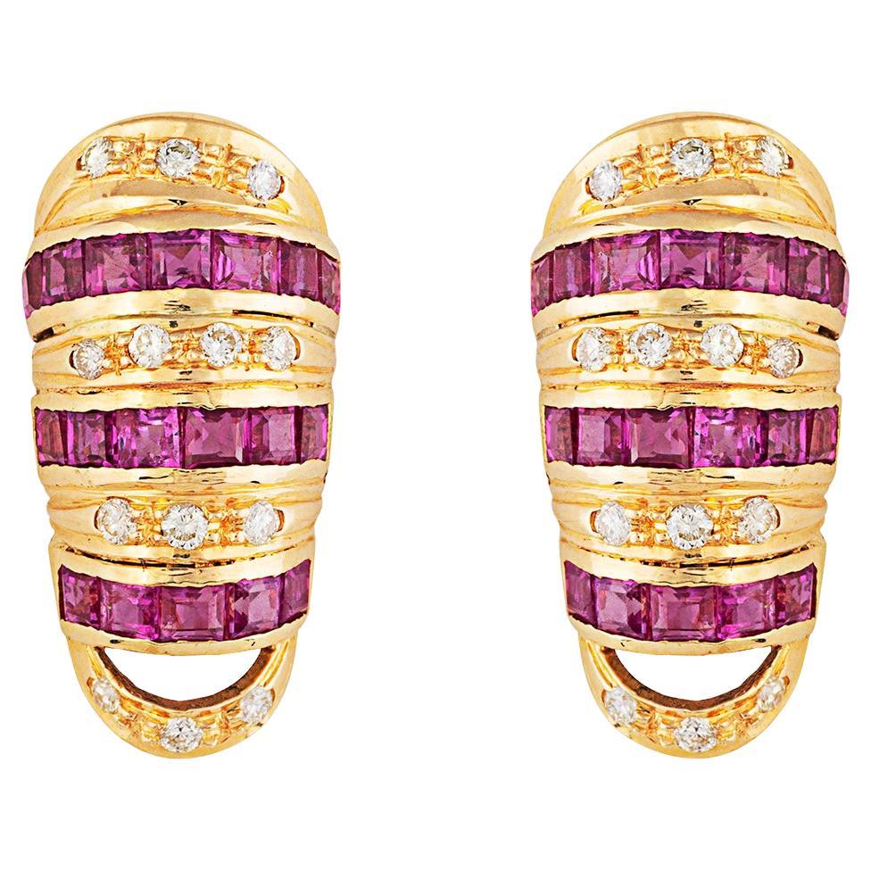 18kt Gold Baguette Ruby & Diamond Stud Earrings For Sale