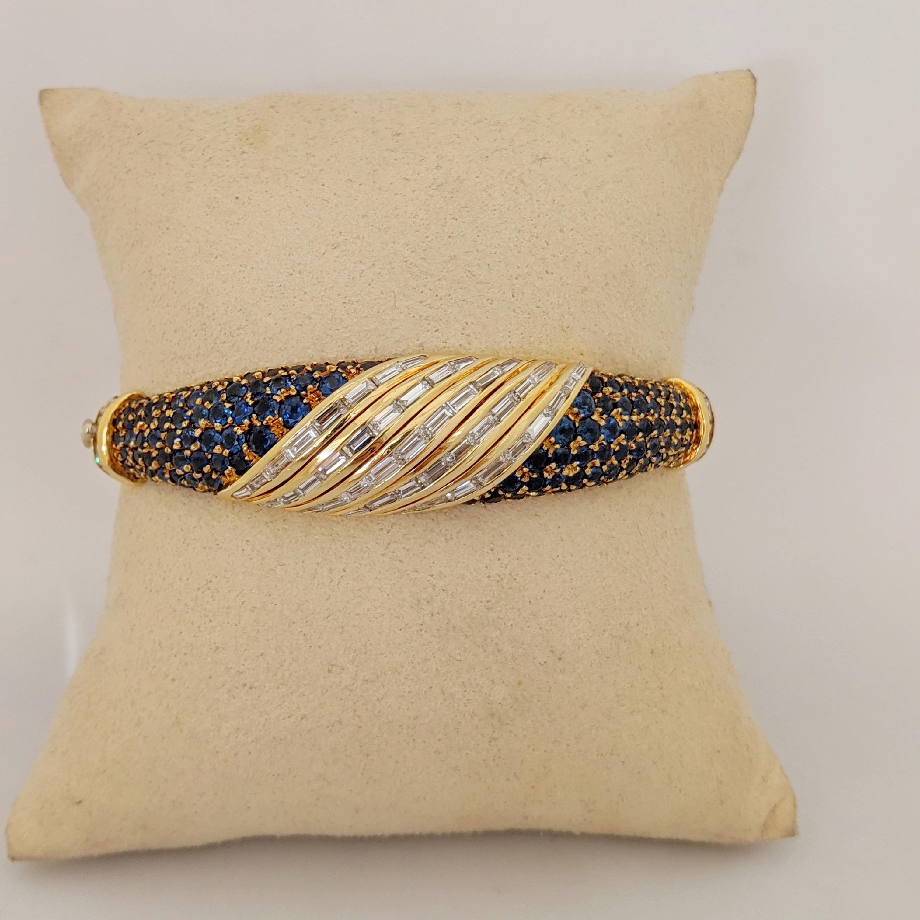 Women's or Men's 18Kt Gold Bangle Bracelet, 3.60Ct. Baguette Diamonds & 6.30 Carat Blue Sapphires For Sale