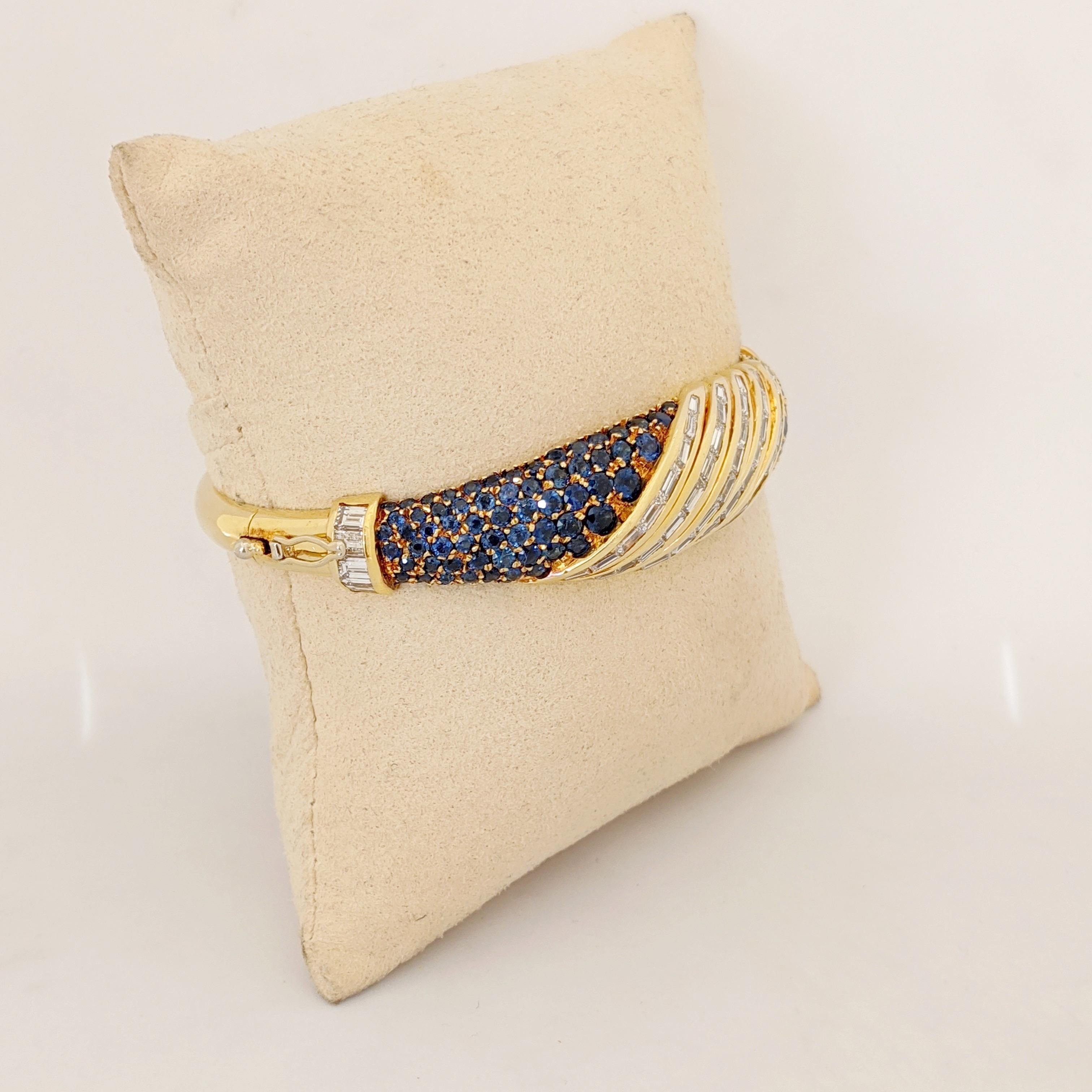 18Kt Gold Bangle Bracelet, 3.60Ct. Baguette Diamonds & 6.30 Carat Blue Sapphires For Sale 1