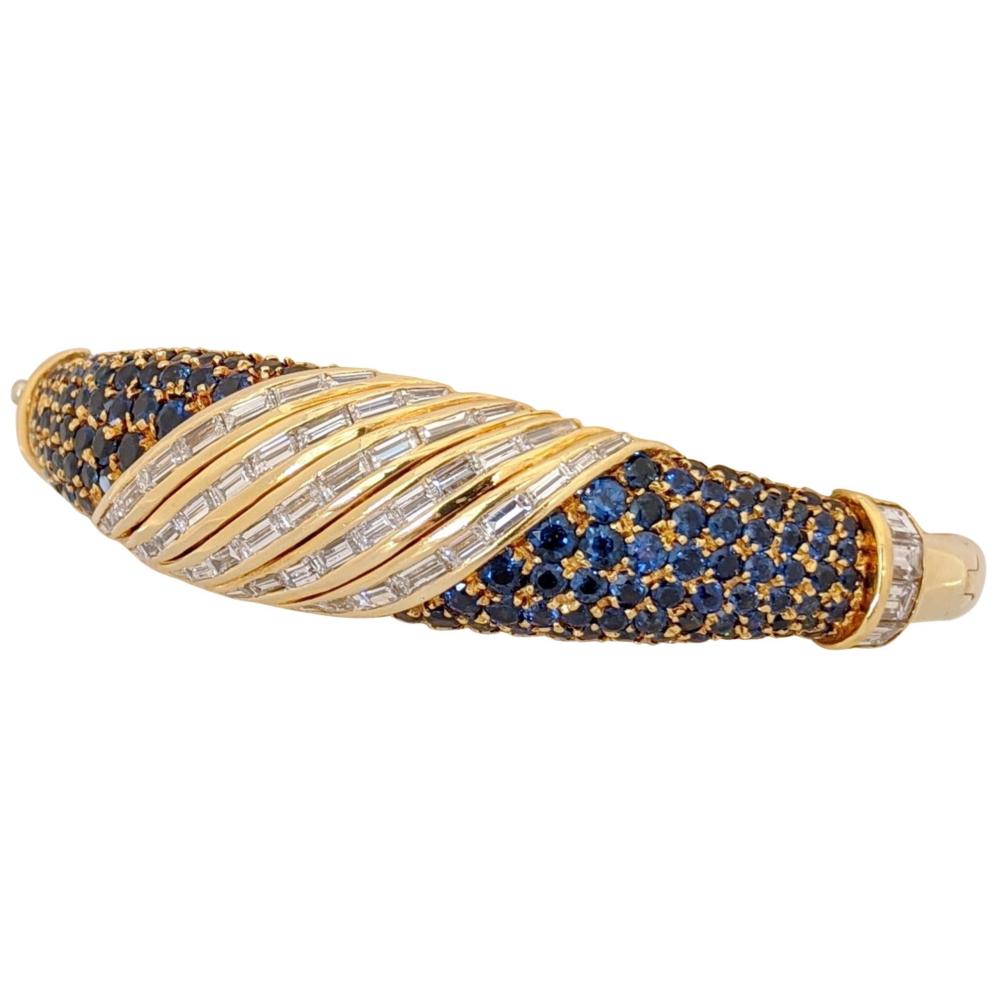 18Kt Gold Bangle Bracelet, 3.60Ct. Baguette Diamonds & 6.30 Carat Blue Sapphires For Sale