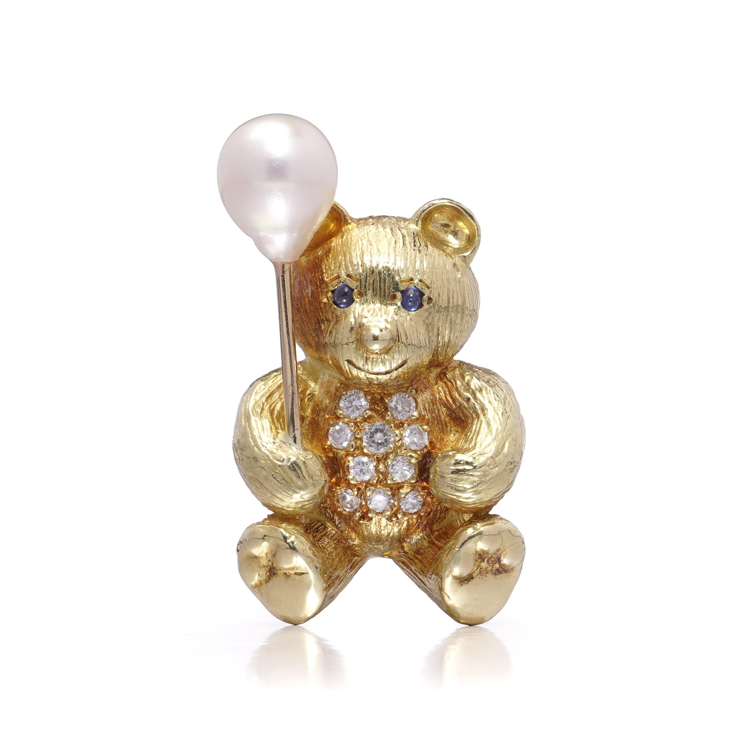 18kt Gold Bear Brooch with Pearl Balloon, Diamonds & Sapphires In Good Condition For Sale In Braintree, GB