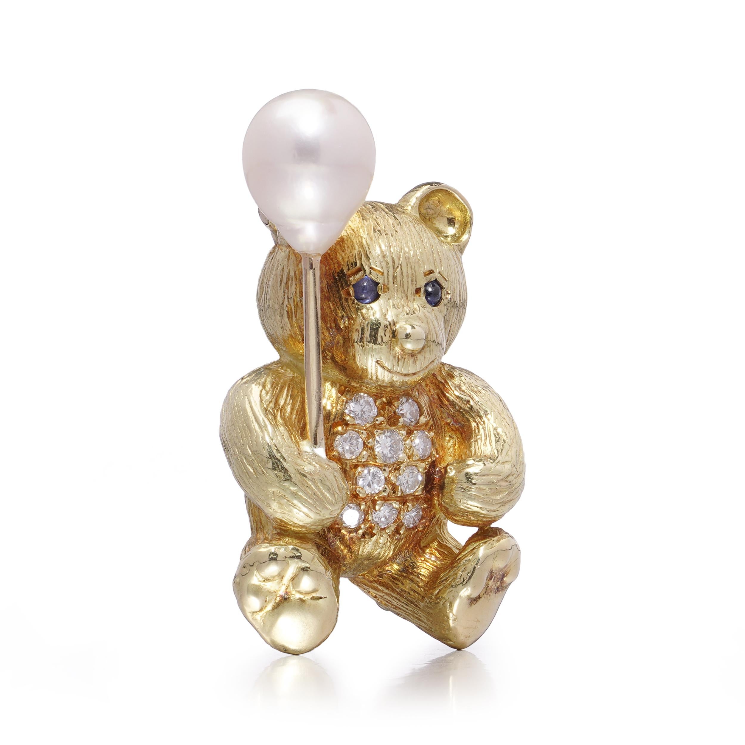 Women's 18kt Gold Bear Brooch with Pearl Balloon, Diamonds & Sapphires For Sale