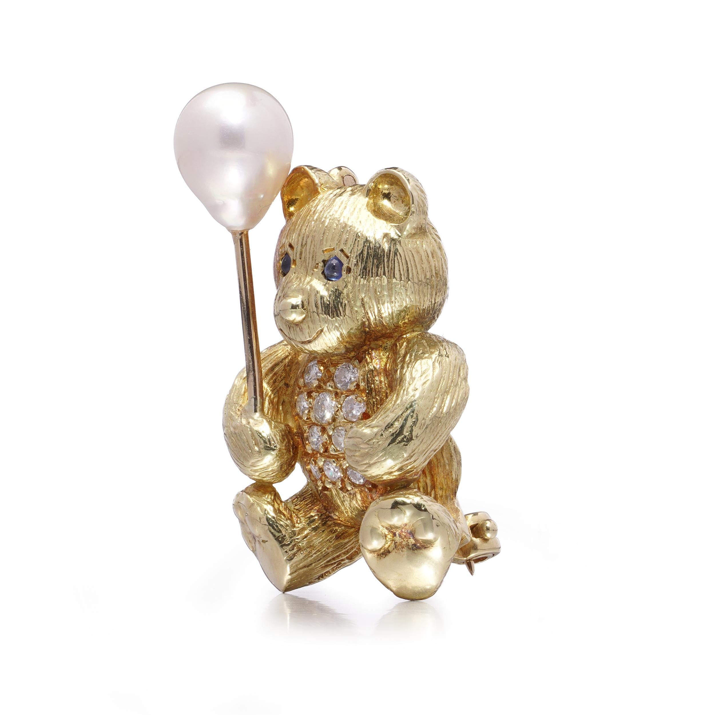 18kt Gold Bear Brooch with Pearl Balloon, Diamonds & Sapphires For Sale 1