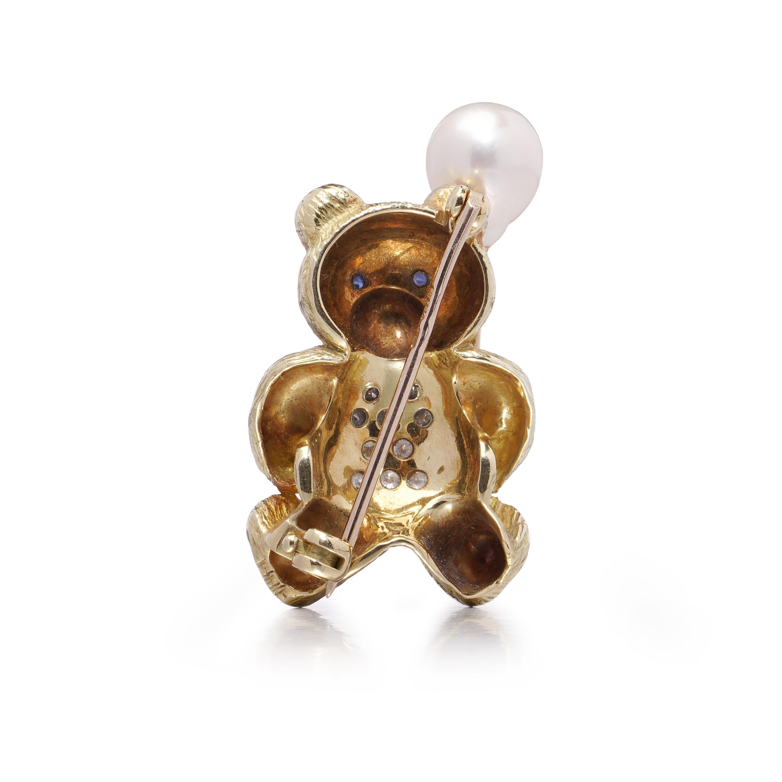 18kt Gold Bear Brooch with Pearl Balloon, Diamonds & Sapphires For Sale 2