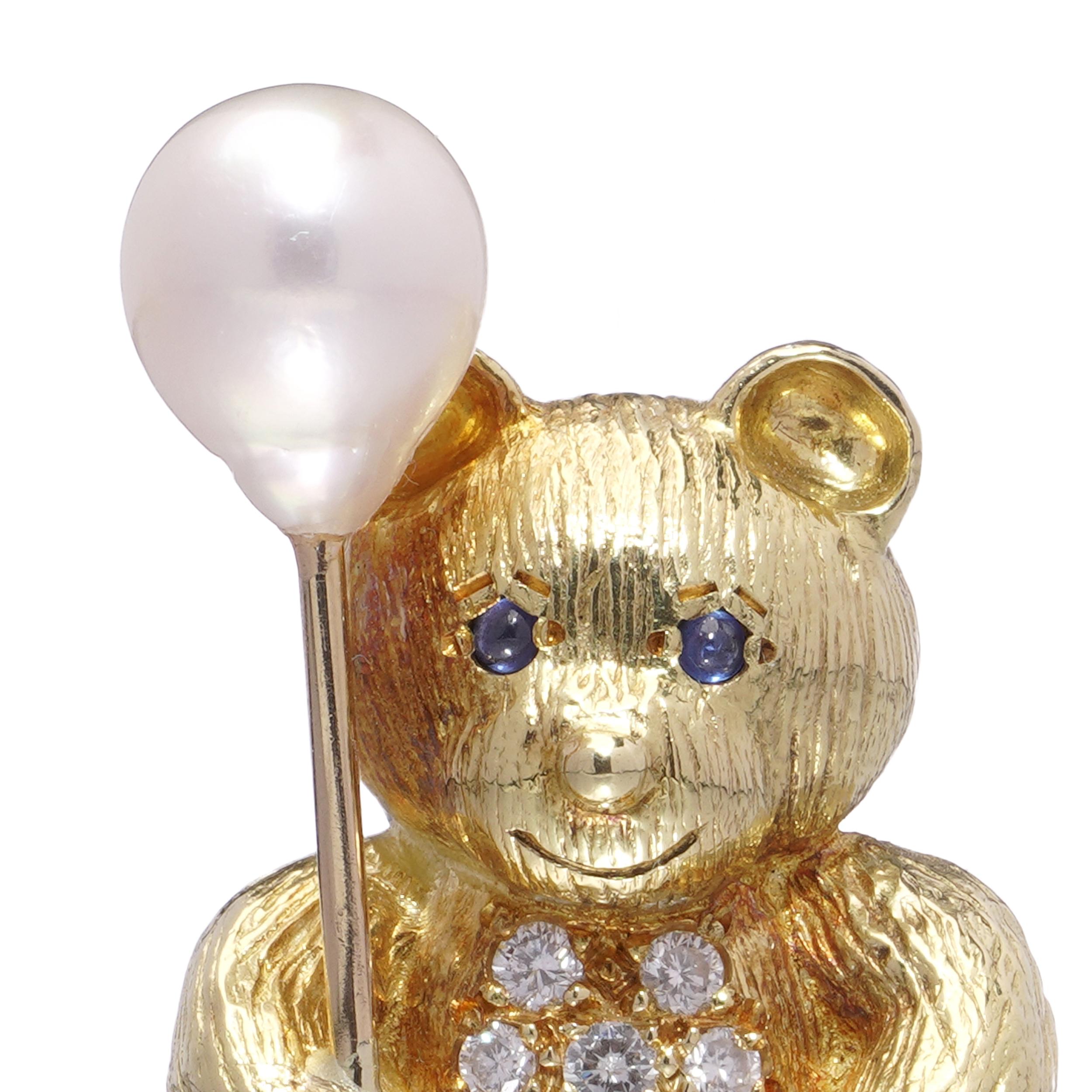 18kt Gold Bear Brooch with Pearl Balloon, Diamonds & Sapphires For Sale 4