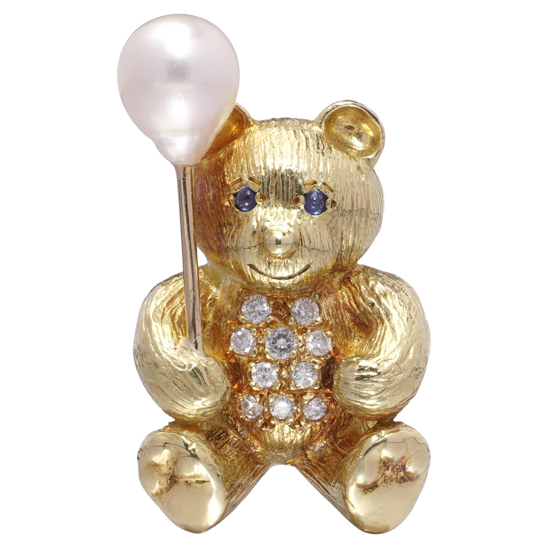 Spilla Orso in oro 18kt con palloncino di perle, diamanti e zaffiri