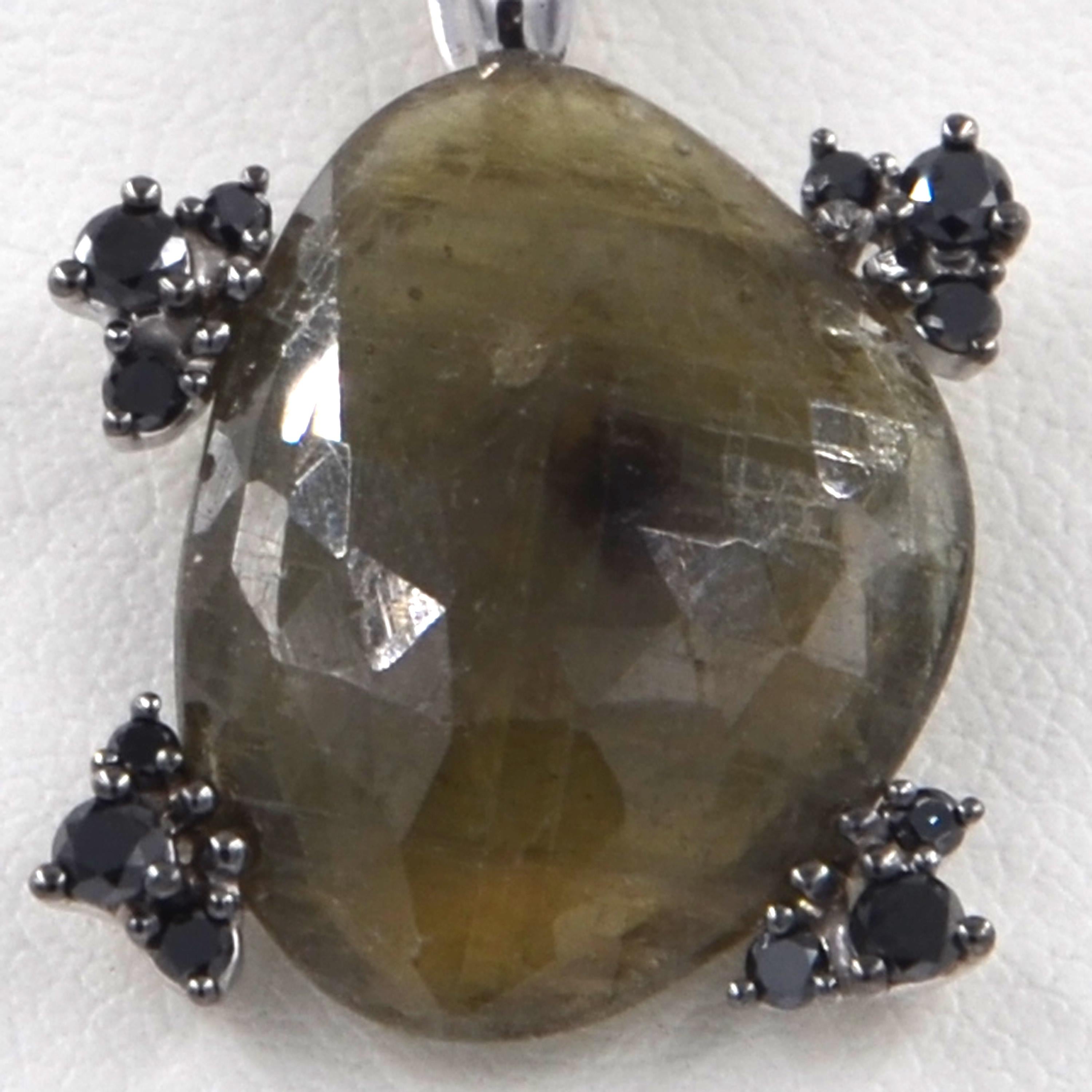 18Kt Gold Black Diamonds and Massive Green Sapphire Garavelli Pendant with Chain In New Condition For Sale In Valenza, IT