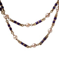 18KT Gold, Blue Enamel and Seed Pearl Guard Chain Necklace