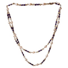 18KT Gold, Blue Enamel and Seed Pearl Guard Chain Necklace