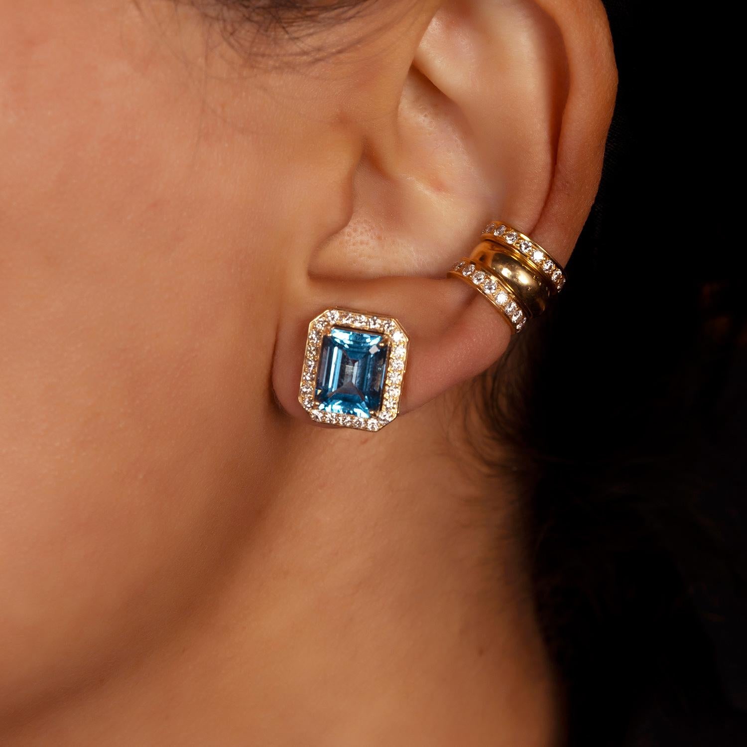 Art Nouveau 18kt Gold Blue Topaz & Diamond Stud Earrings For Sale