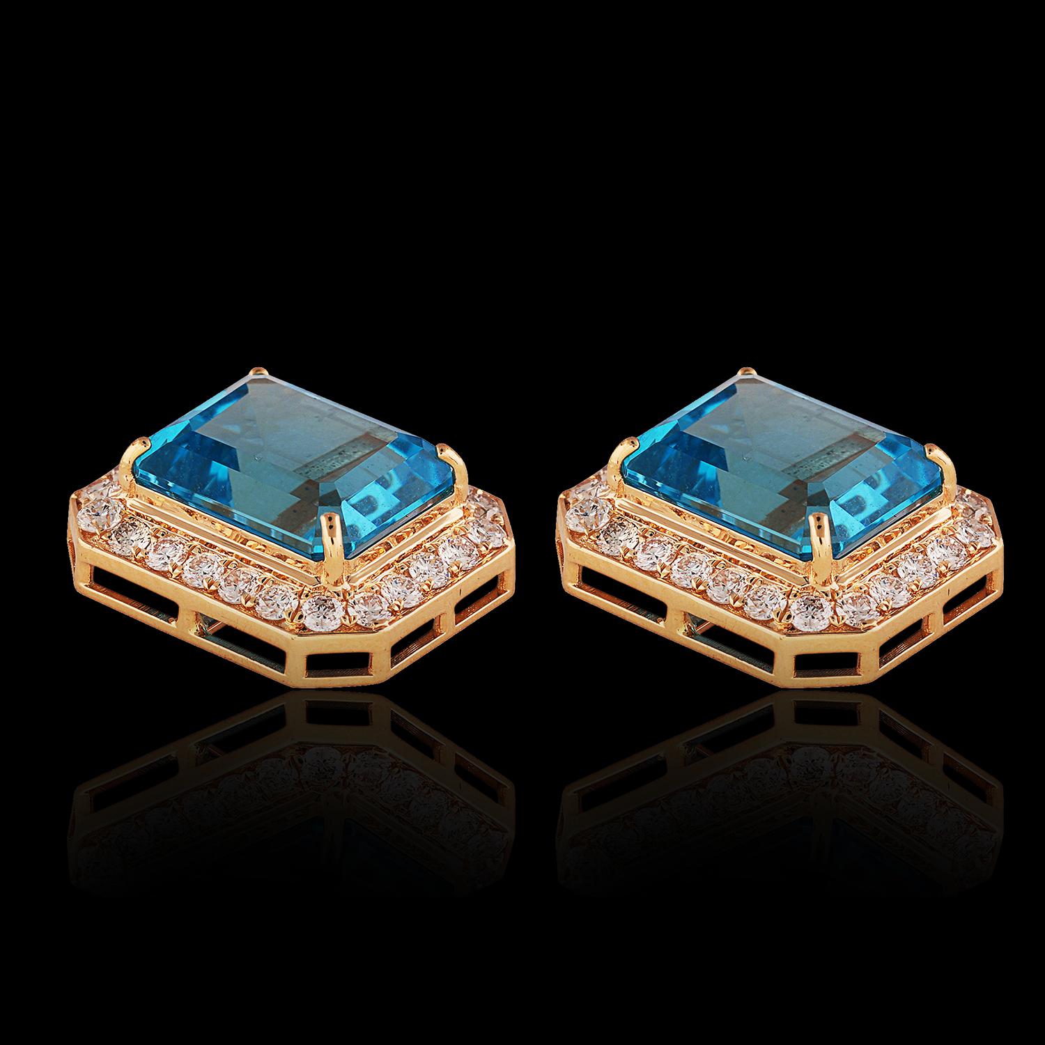 Brilliant Cut 18kt Gold Blue Topaz & Diamond Stud Earrings For Sale