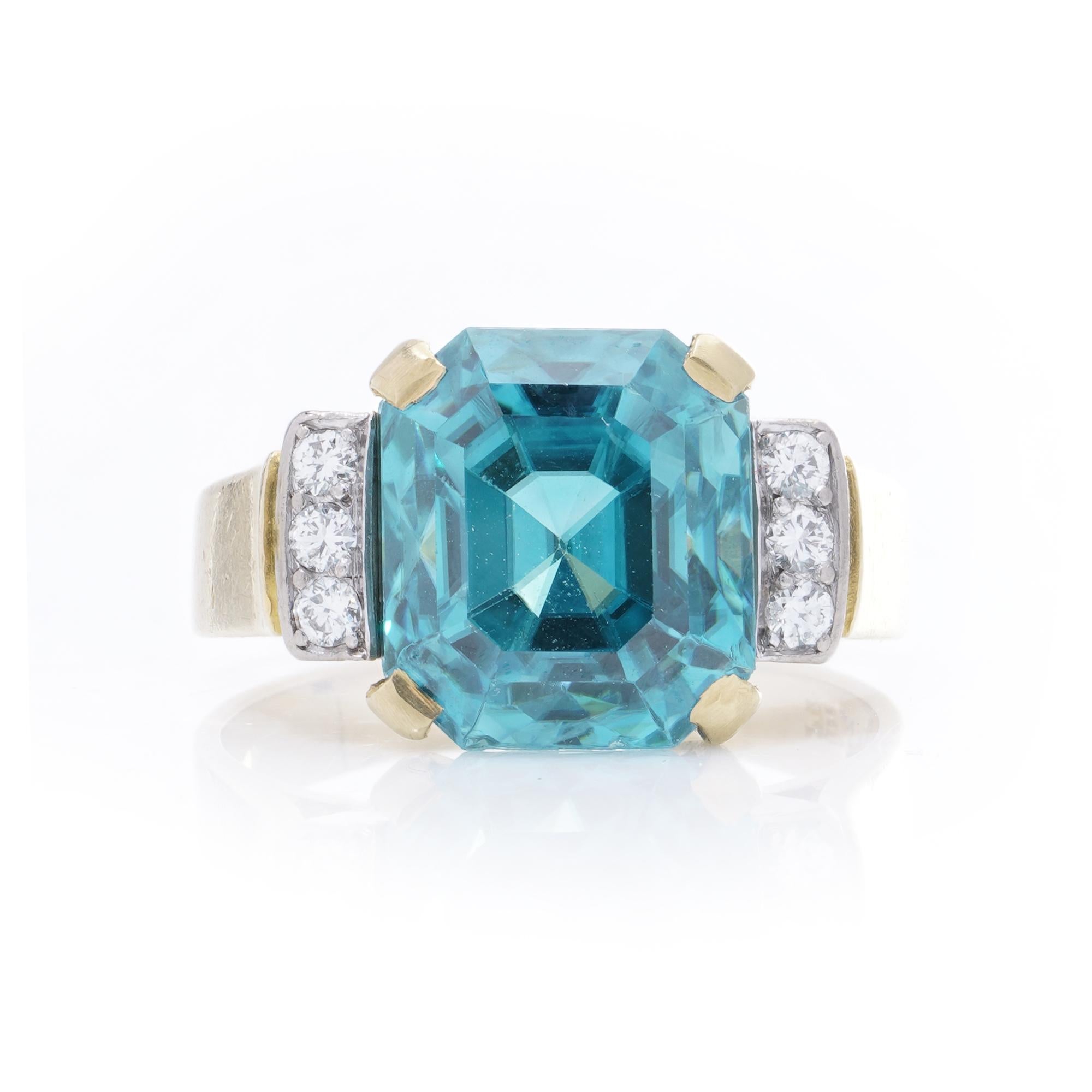 Radiant Cut 18kt Gold Blue Zircon Ring with Diamond Accents by Adamek For Sale