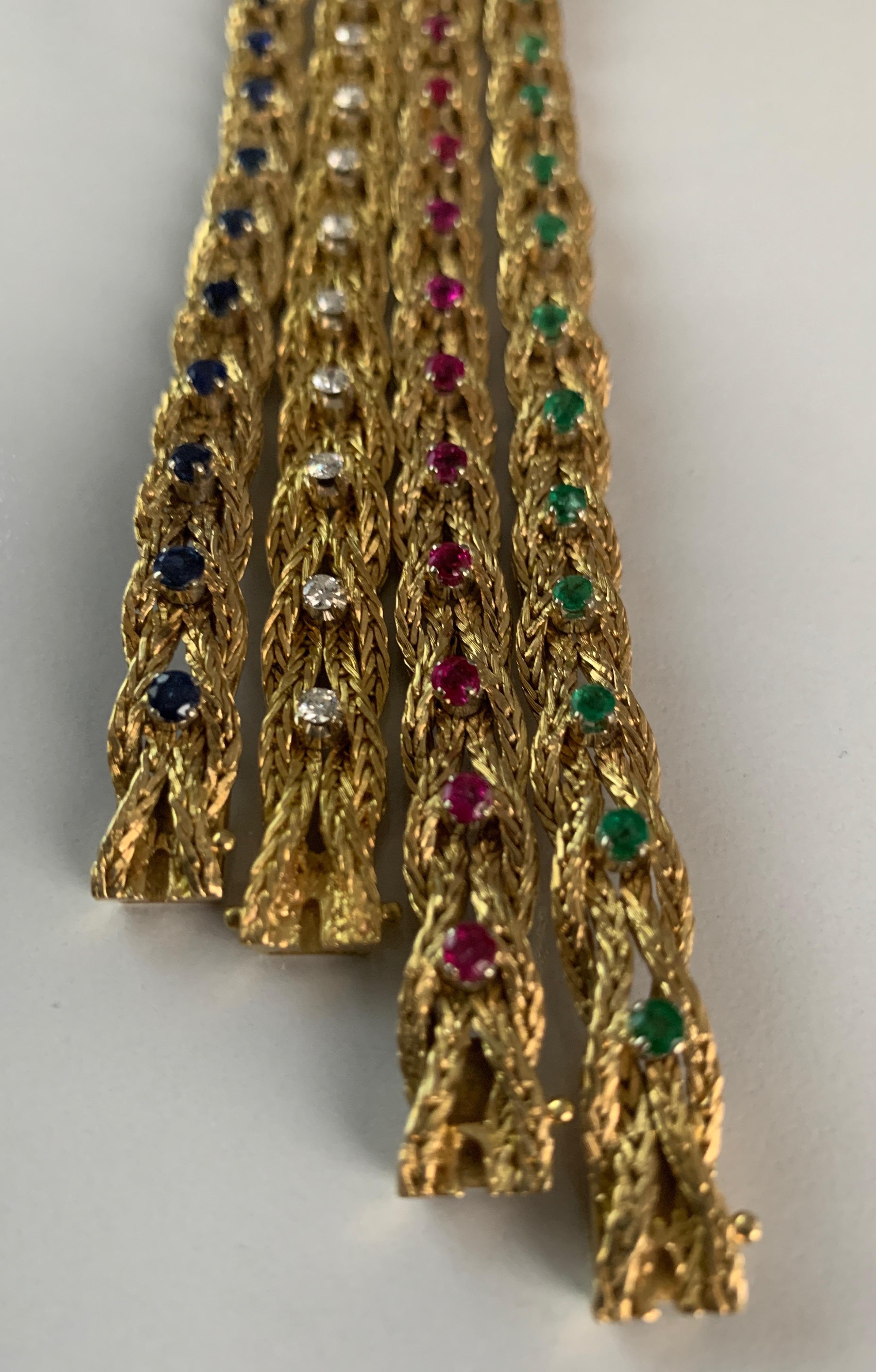 Art Deco 18 Karat Gold Bracelets Set of 4 Diamond Zaphire Emerald and Ruby For Sale