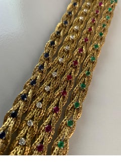 Set of 4 18 Karat Gold Bracelets with Diamonds, Sapphire, Emerald, and Ruby