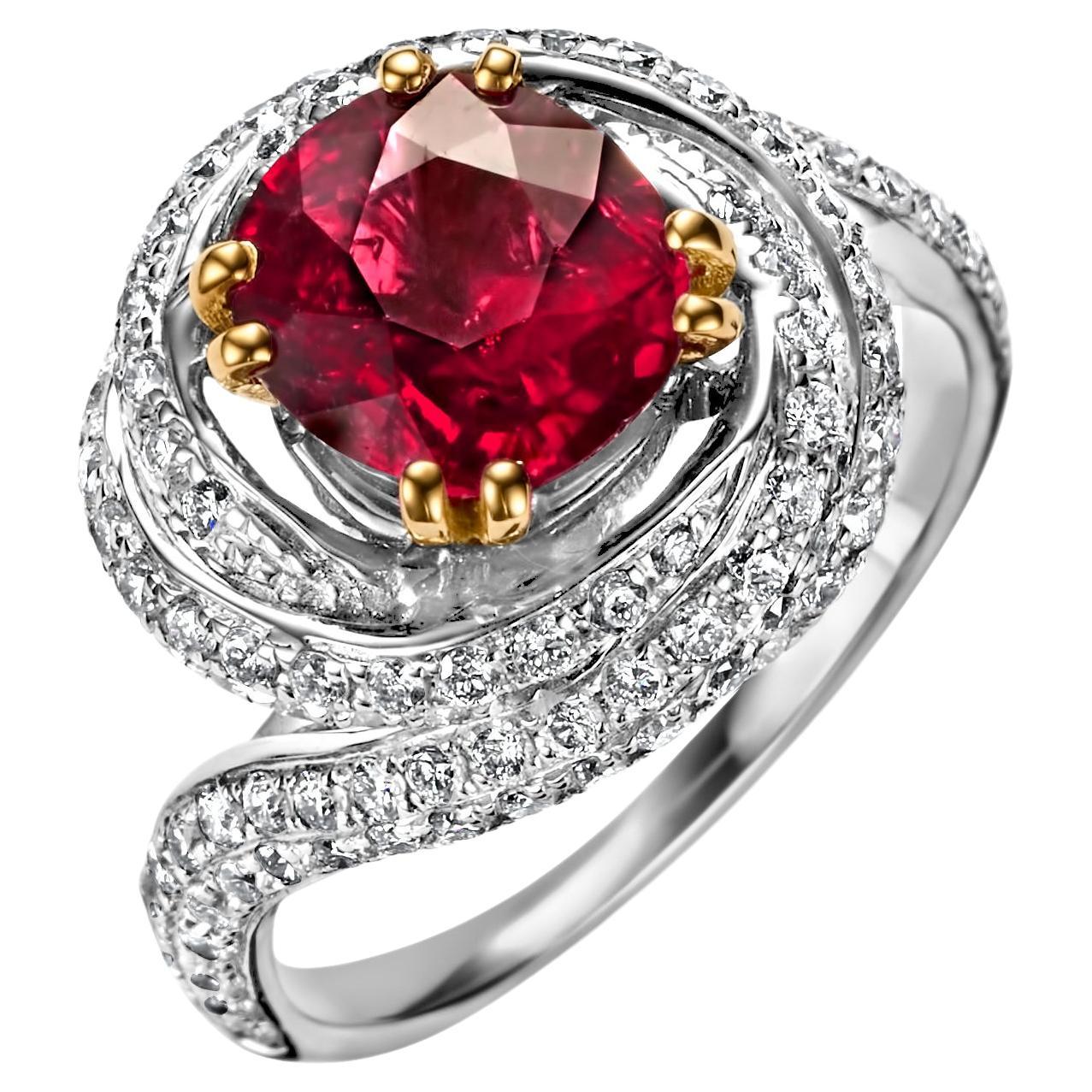 18Kt Gold Burma Pigeon Blood Quality Ruby No Heat 2, 08 Ct GRS Certified Ring For Sale
