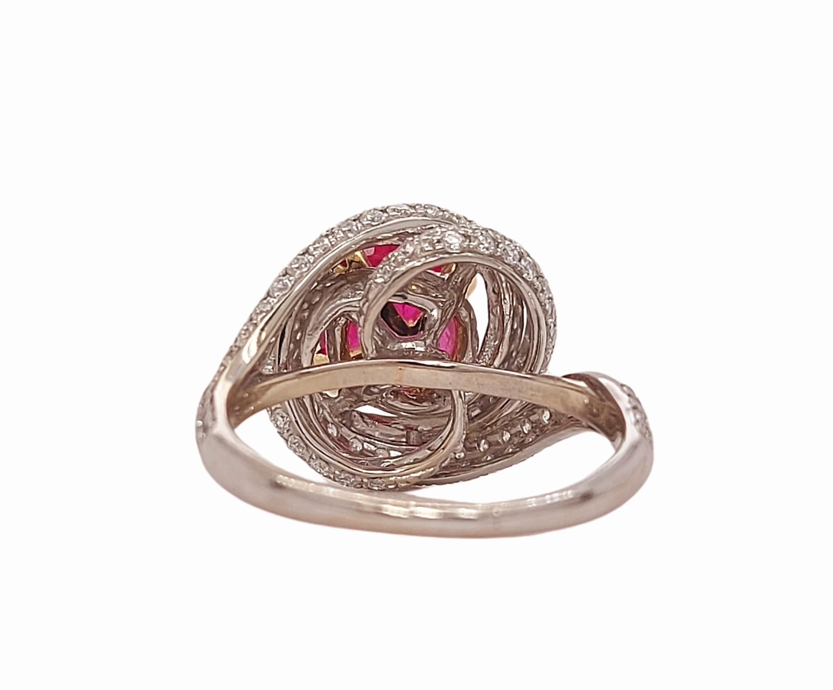 Stunning 18kt gold Ruby Diamond Ring, Comes with GRS Gem Research SwissLab Certificate

Ruby: Natural Ruby 2.08ct No indications of treatment

Diamonds: 140 diamonds

Material: 18kt white gold

Ring size: 53.5 EU / 6.75 US  ( Can be resized for