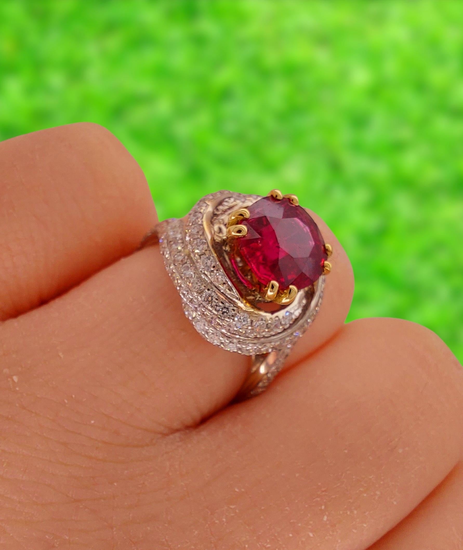 Artisan 18Kt Gold Burma Pigeon Blood Quality Ruby No Heat 2, 08 Ct GRS Certified Ring For Sale