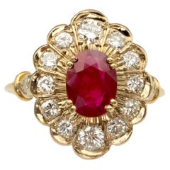 Vintage 18kt Gold Burmese Ruby and Diamond Floral Halo Ring