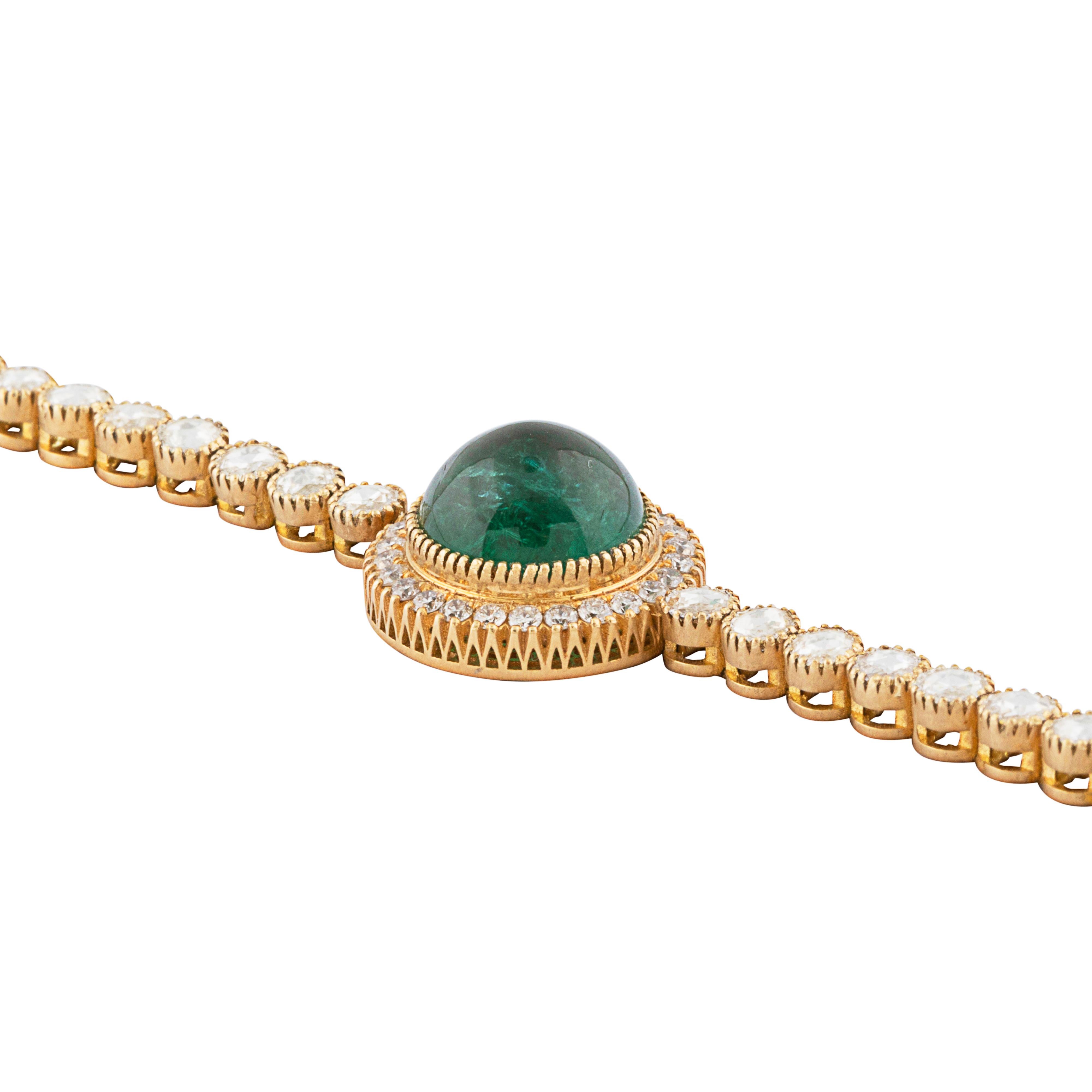 Art Deco 18kt Gold Cabochon Emerald & Diamond Bracelet For Sale