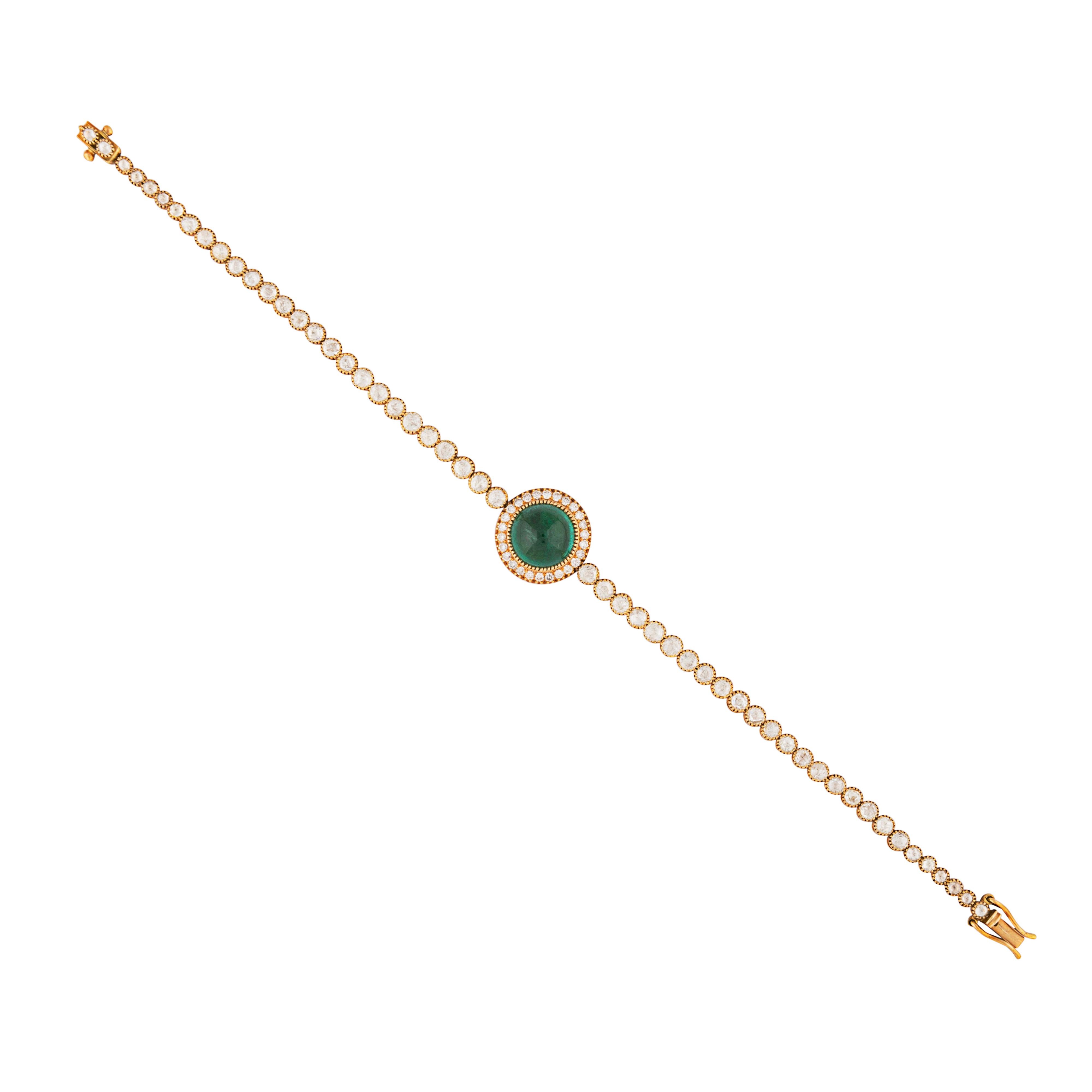 Rose Cut 18kt Gold Cabochon Emerald & Diamond Bracelet For Sale