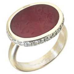 18KT Gold Carnelian Arabic Intaglio and Diamond Signet Ring