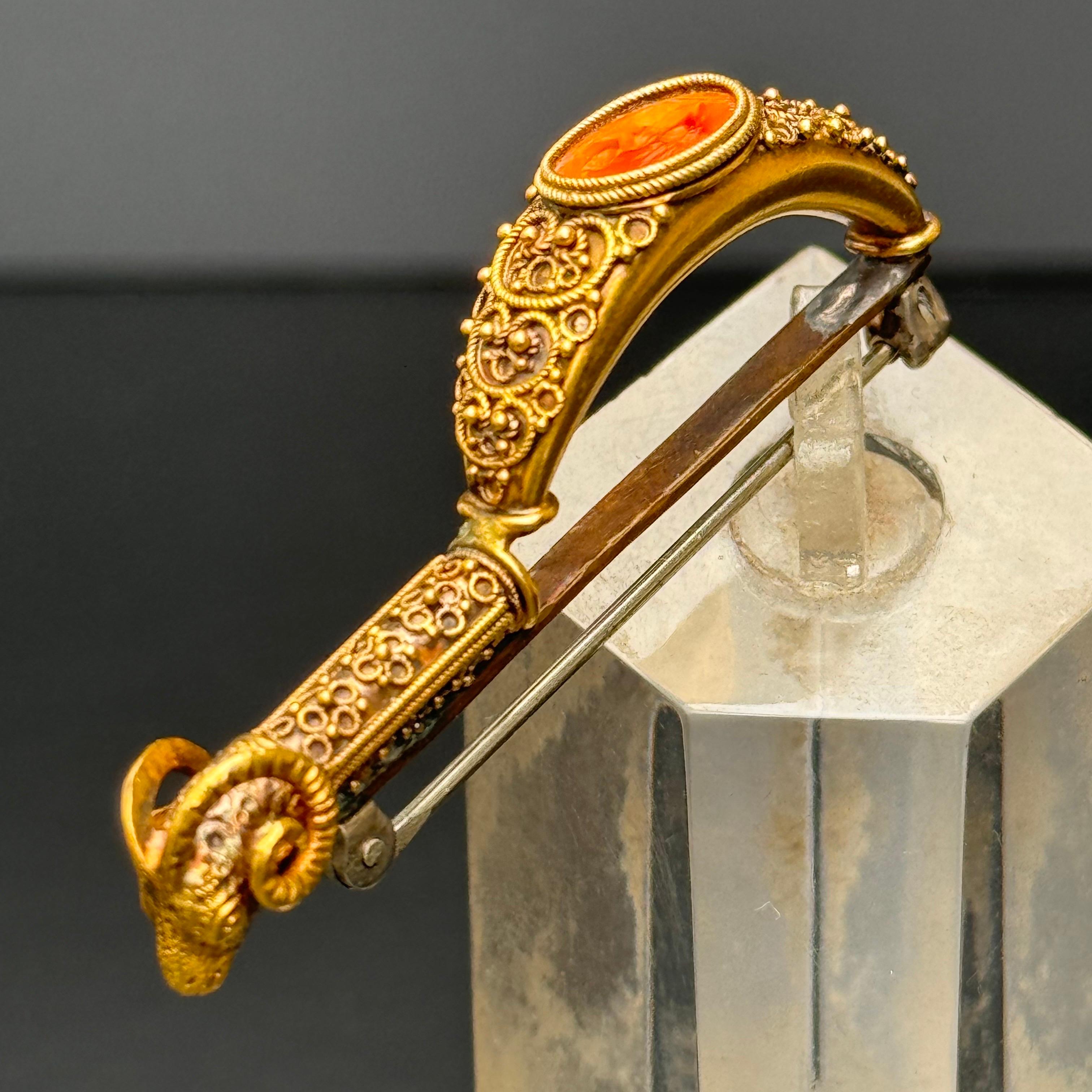 18kt gold Carnelian Cameo Archaeological Revival Fibula Brooch For Sale 9