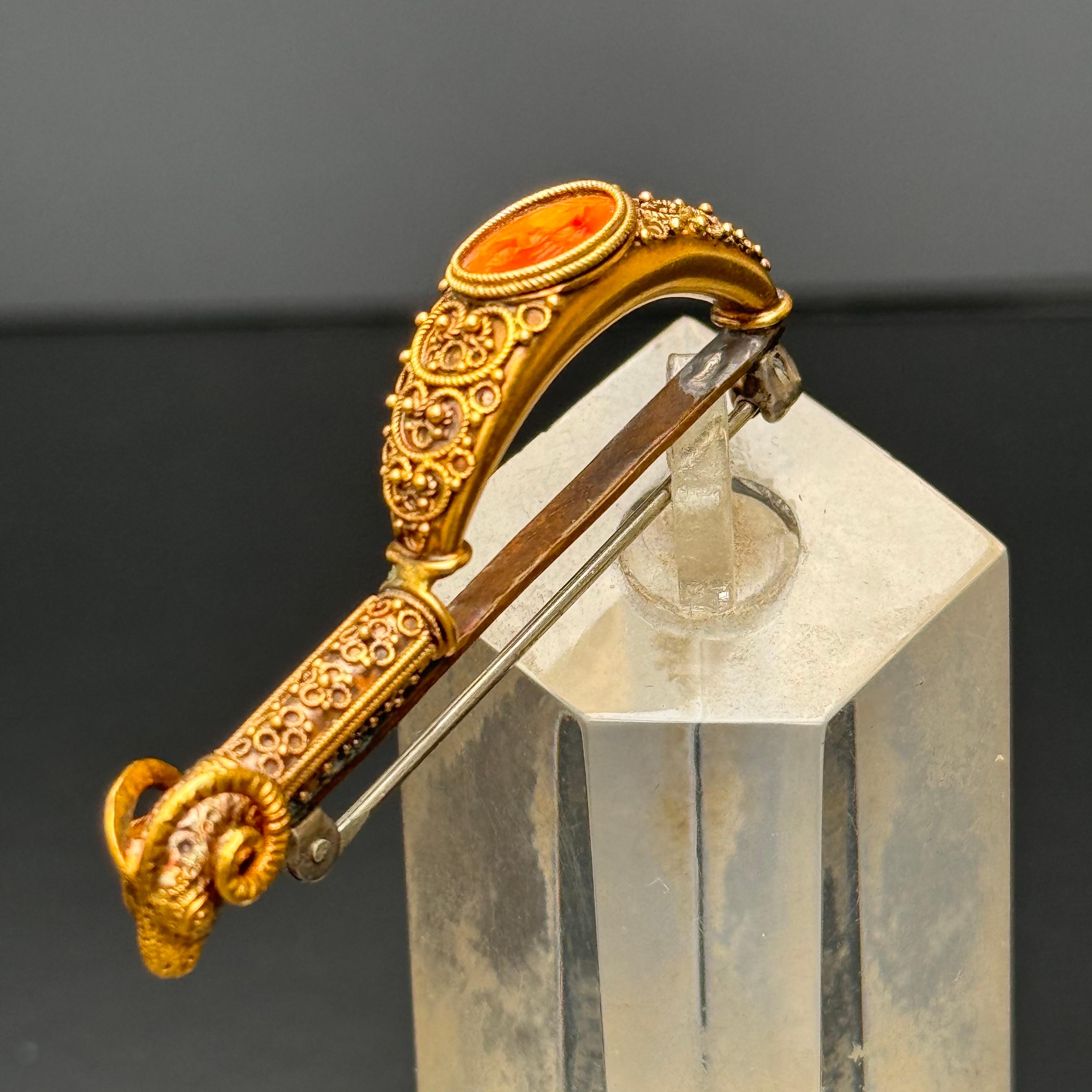 Etruscan Revival 18kt gold Carnelian Cameo Archaeological Revival Fibula Brooch For Sale