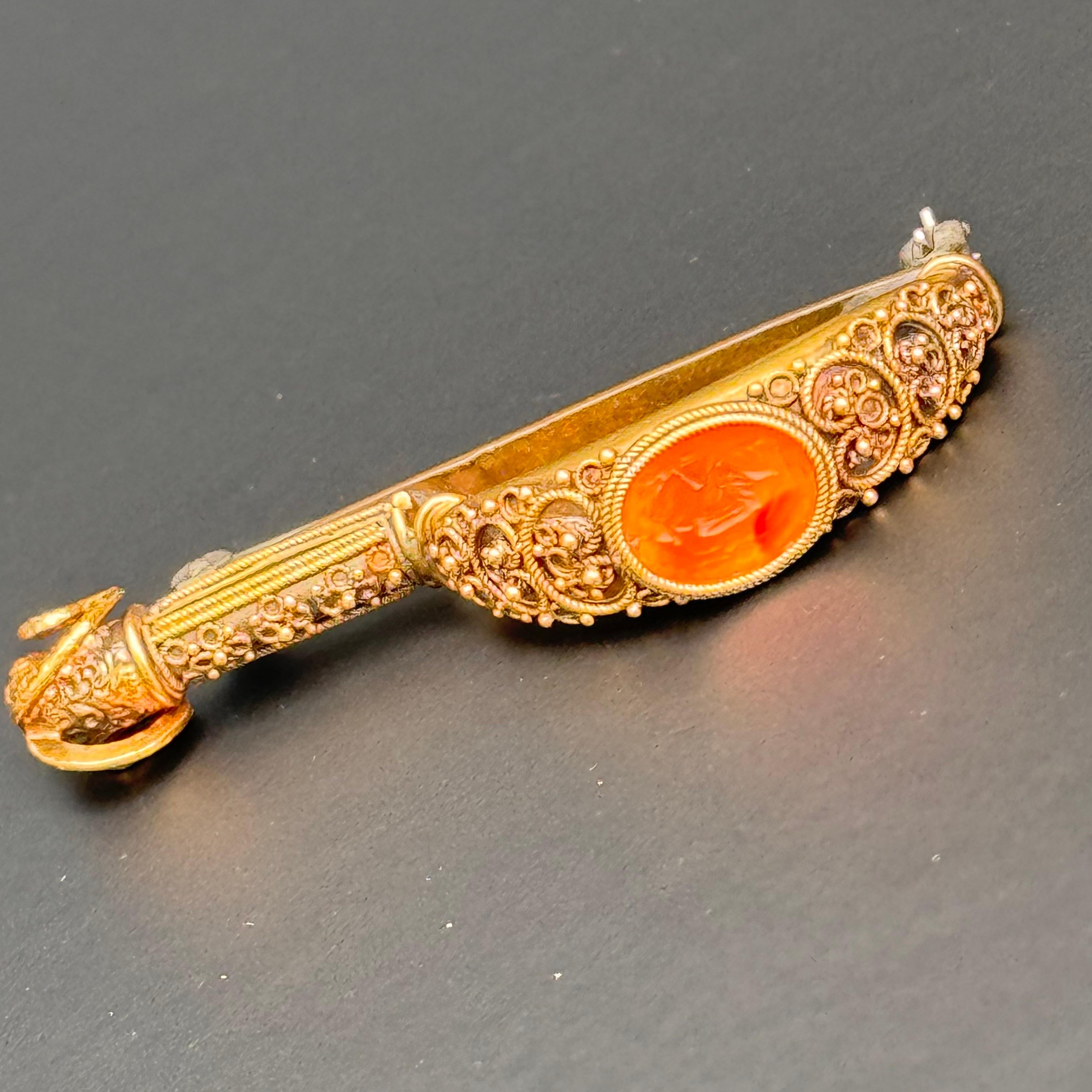 Women's 18kt gold Carnelian Cameo Archaeological Revival Fibula Brooch For Sale