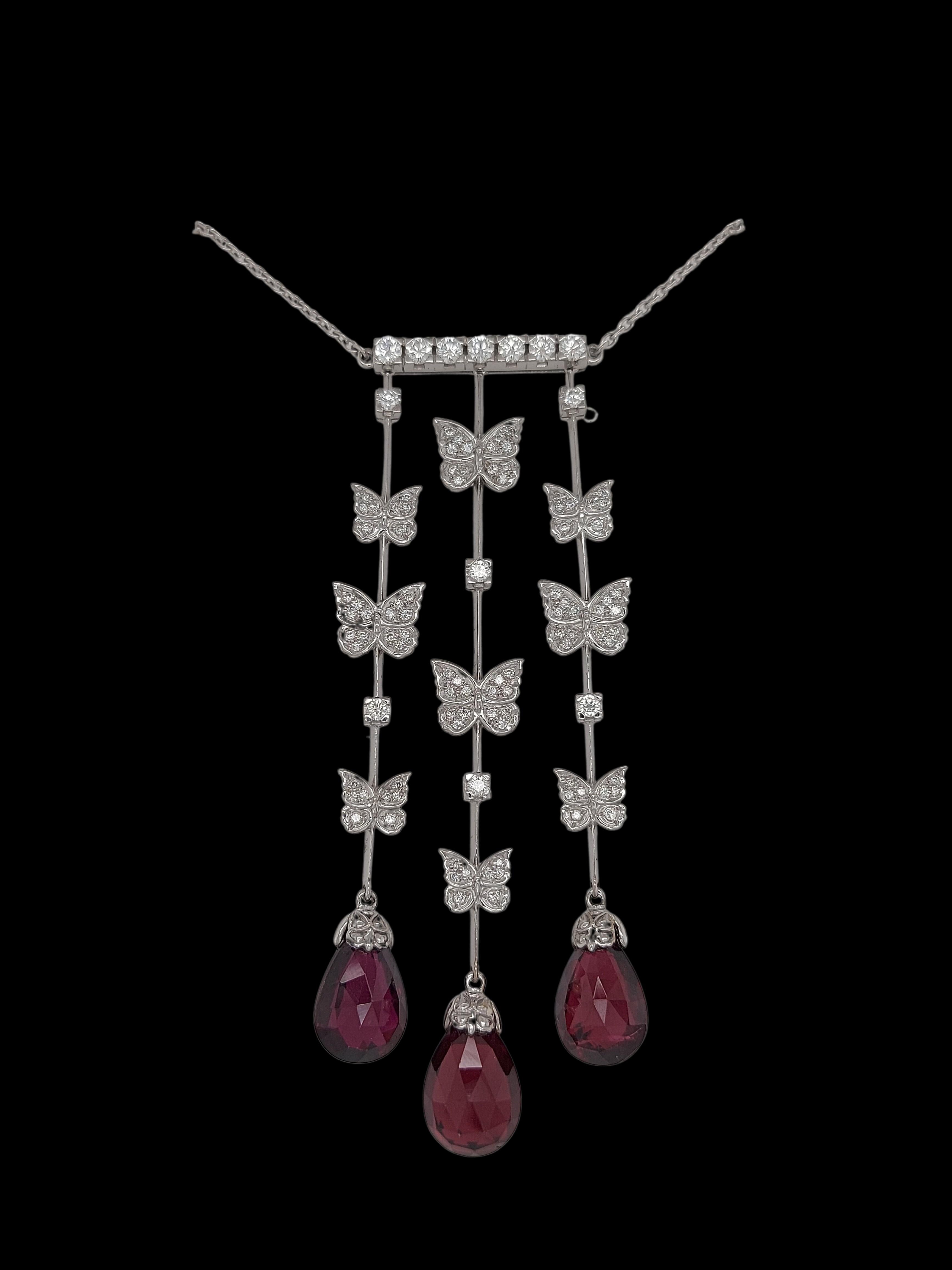 Gorgeous  18kt Gold Carrara Y Carrara pendant drop Necklace from the Butterfly Collection with Diamonds & rubelite

Can be bought with gorgeous matching earrings as seen on the photographs.

Material: 18kt White Gold 

Diamonds: Brilliant cut