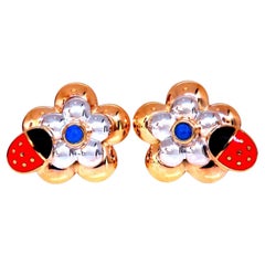 18kt Gold Clip earrings Ladybug On Flower Solid CLip 18kt Gold Postless*