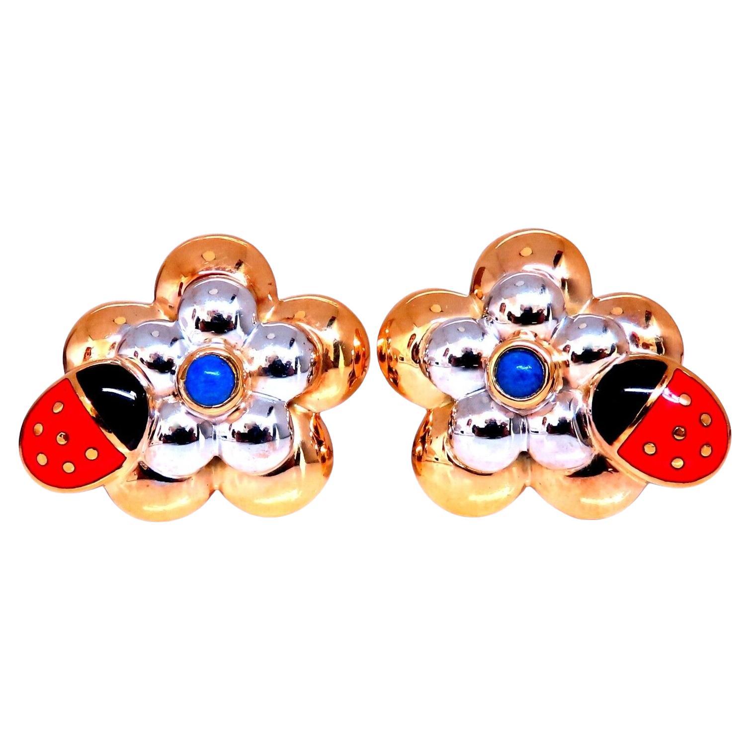 18kt Gold Clip earrings Ladybug On Flower Solid CLip 18kt Gold Postless For Sale