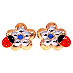 18kt Gold Clip earrings Ladybug On Flower Solid CLip 18kt Gold Postless