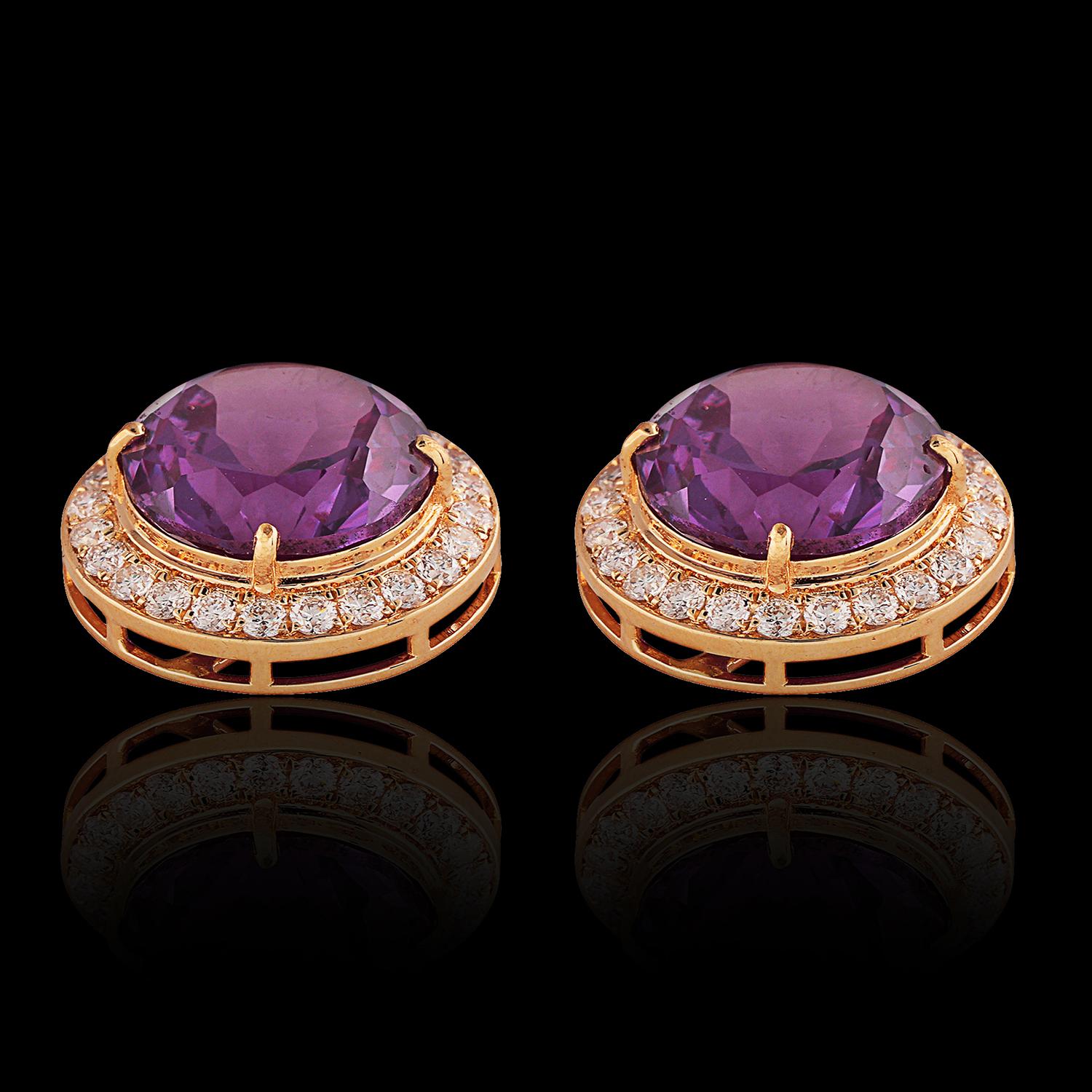 Brilliant Cut 18kt Gold Corundum & Diamond Stud Earrings For Sale