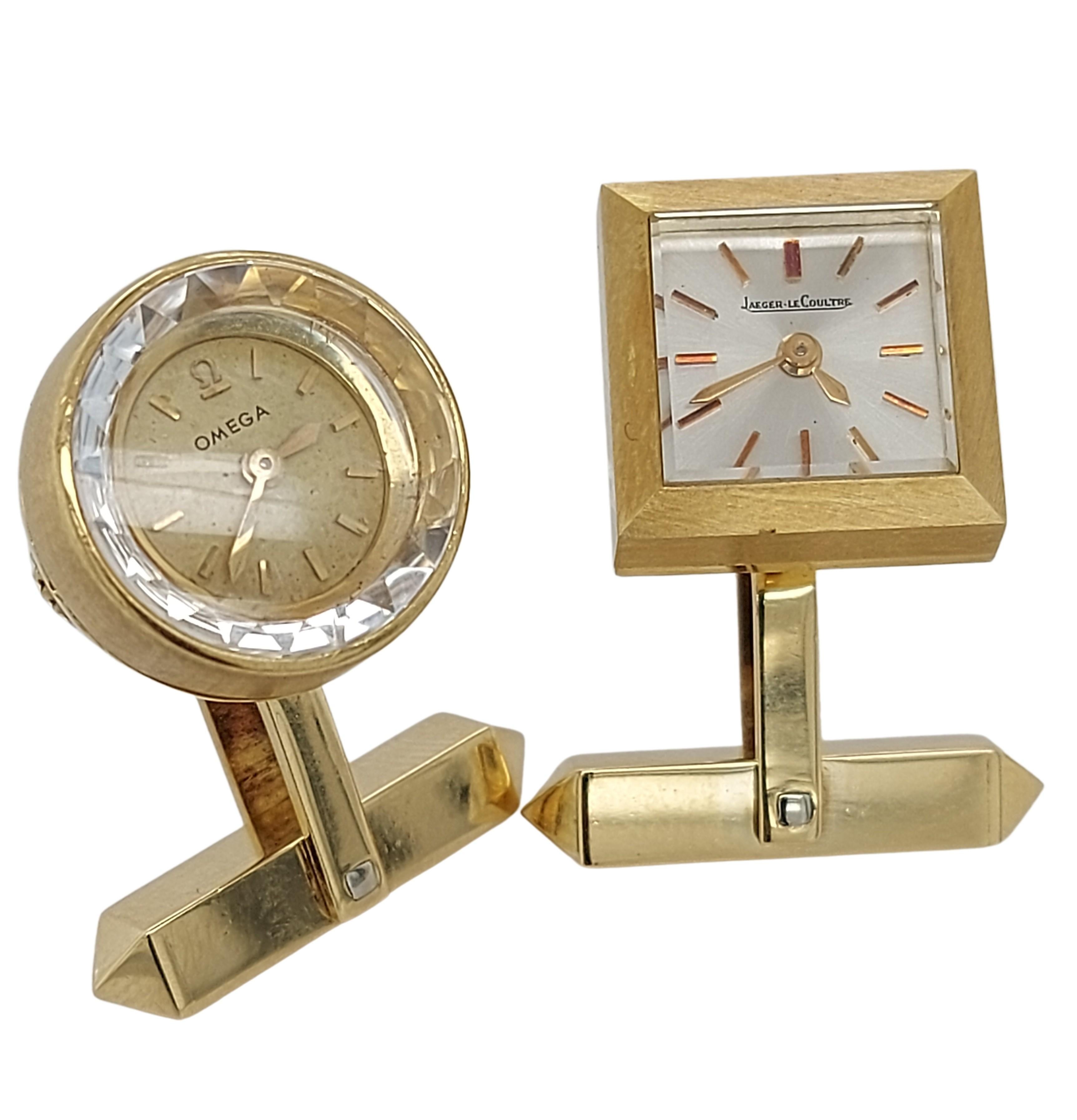 18kt Yellow Gold Cufflinks Round Omega, Square Jaeger LeCoultre 

Amazing Collector item !

Watches work and keep time.

Omega Cufflink
Material: 18 kt yellow gold
Manual backwinding
Gold dial with applied gold indexes.
Weight: 11.6 gram / 0.410 oz