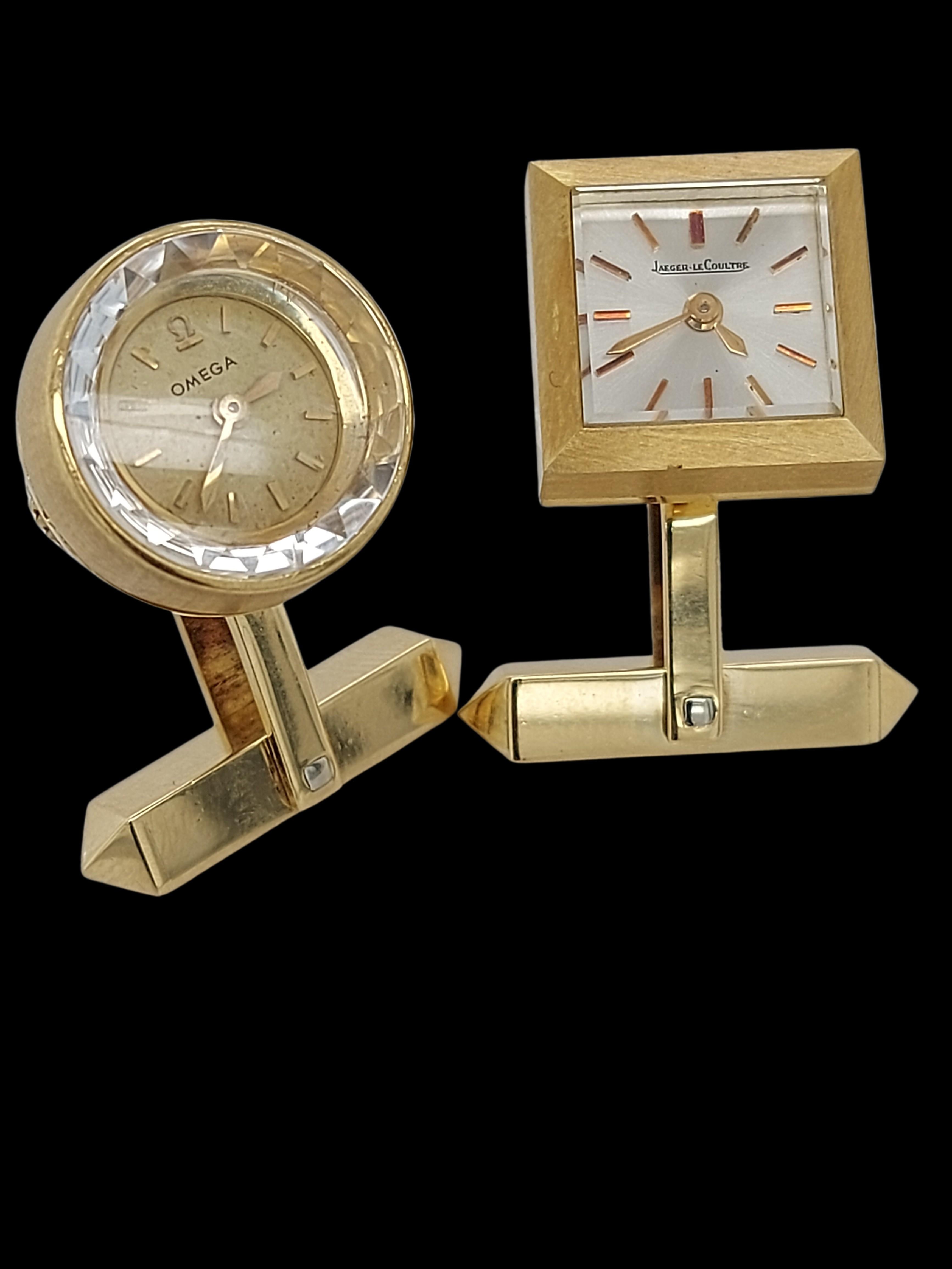 18kt Gold Cufflinks Round Omega, Square Jaeger LeCoultre, Manual Backwinding 4