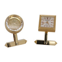 18kt Gold Cufflinks Round Omega, Square Jaeger LeCoultre, Manual Backwinding
