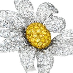 18KT Gold Daisy Flower Ring with 5.65Ct White and 1.17Ct. Yellow Pave Diamonds