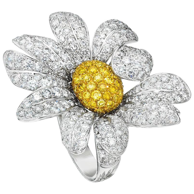 18KT Gold Daisy Flower Ring with 5.65Ct White and 1.17Ct. Yellow Pave Diamonds For Sale